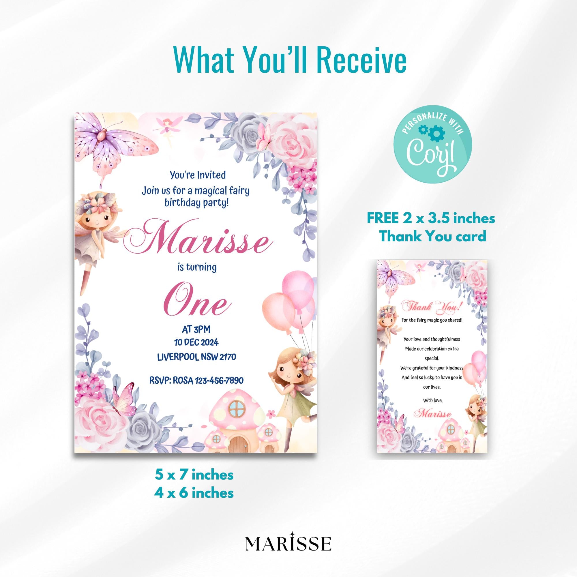 Editable Fairy First Birthday Invitation Pink Magical Girl Party Invite Digital Card 1st Birthday Woodland Fairy Theme Template