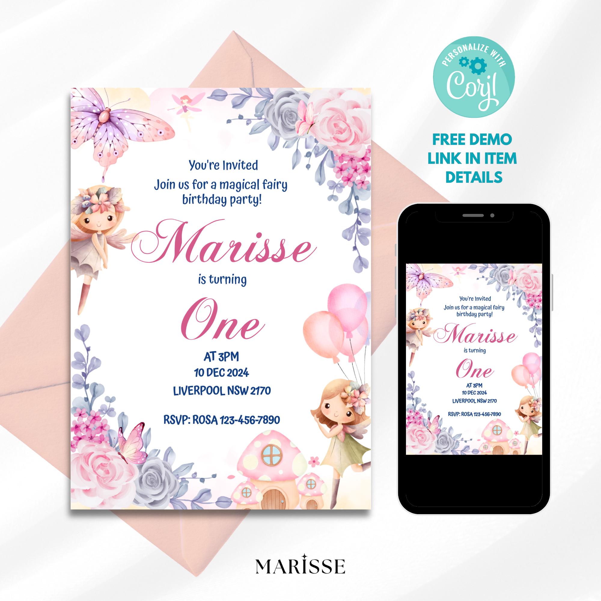 Editable Fairy First Birthday Invitation Pink Magical Girl Party Invite Digital Card 1st Birthday Woodland Fairy Theme Template
