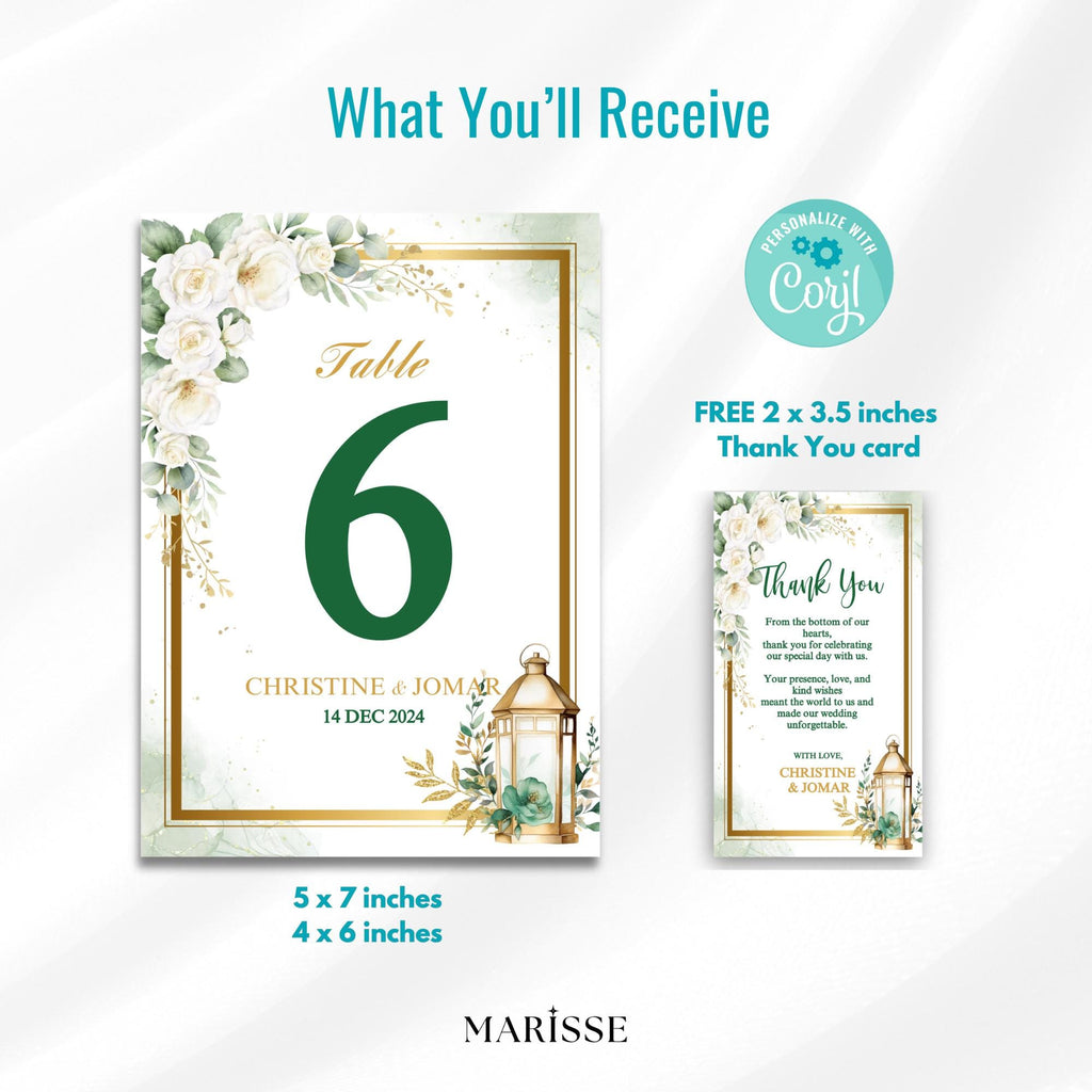 Editable Green Gold Floral Wedding Bundle with Lantern Welcome Sign Invitation Table Number & Thank You Card Digital Templates | CJ003