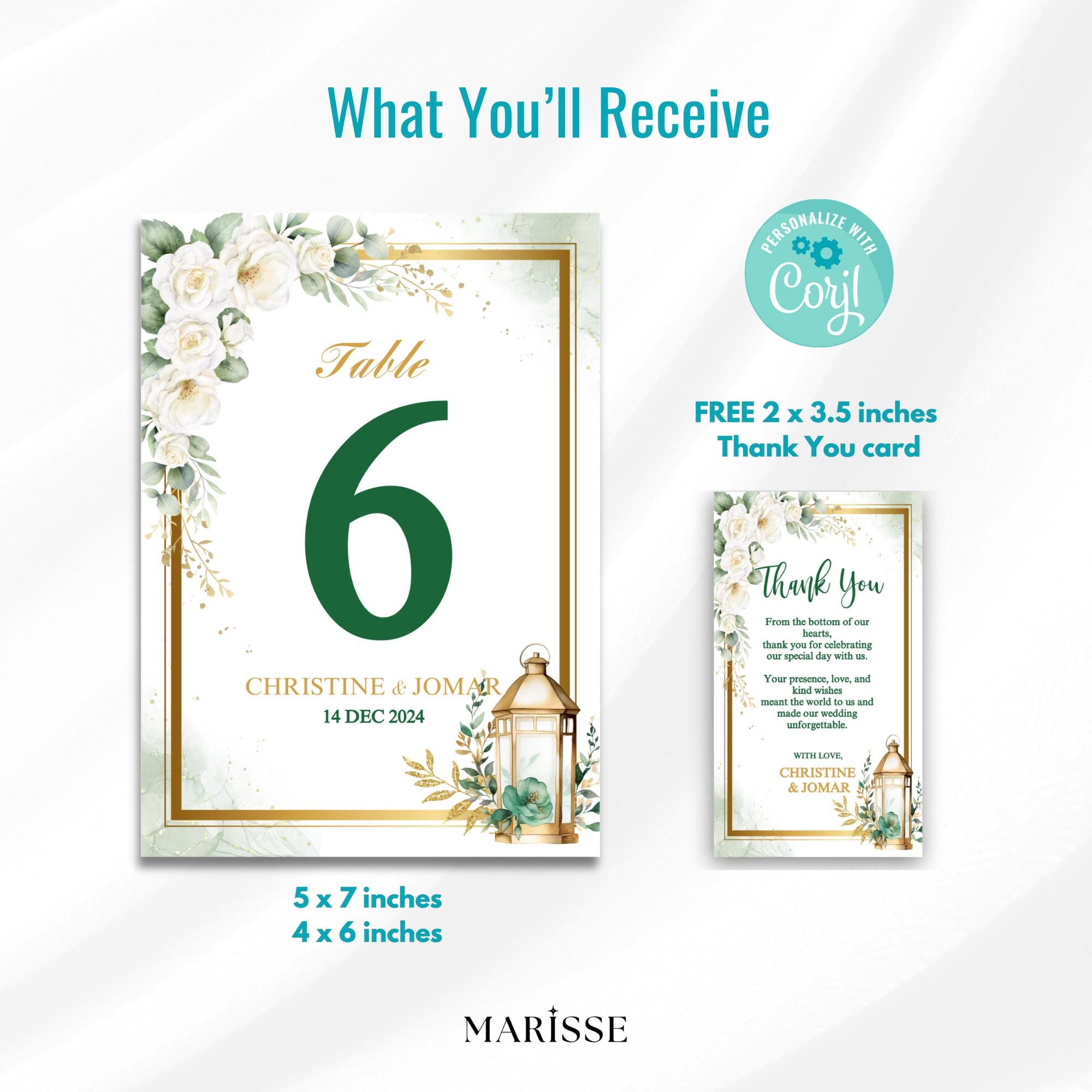 Editable Green Gold Floral Wedding Bundle with Lantern Welcome Sign Invitation Table Number & Thank You Card Digital Templates | CJ003