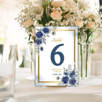 Editable Navy Blue Floral Table Number Template | Elegant Wedding Table Card | Printable Digital Download | Gold Border Table Sign | CJ004