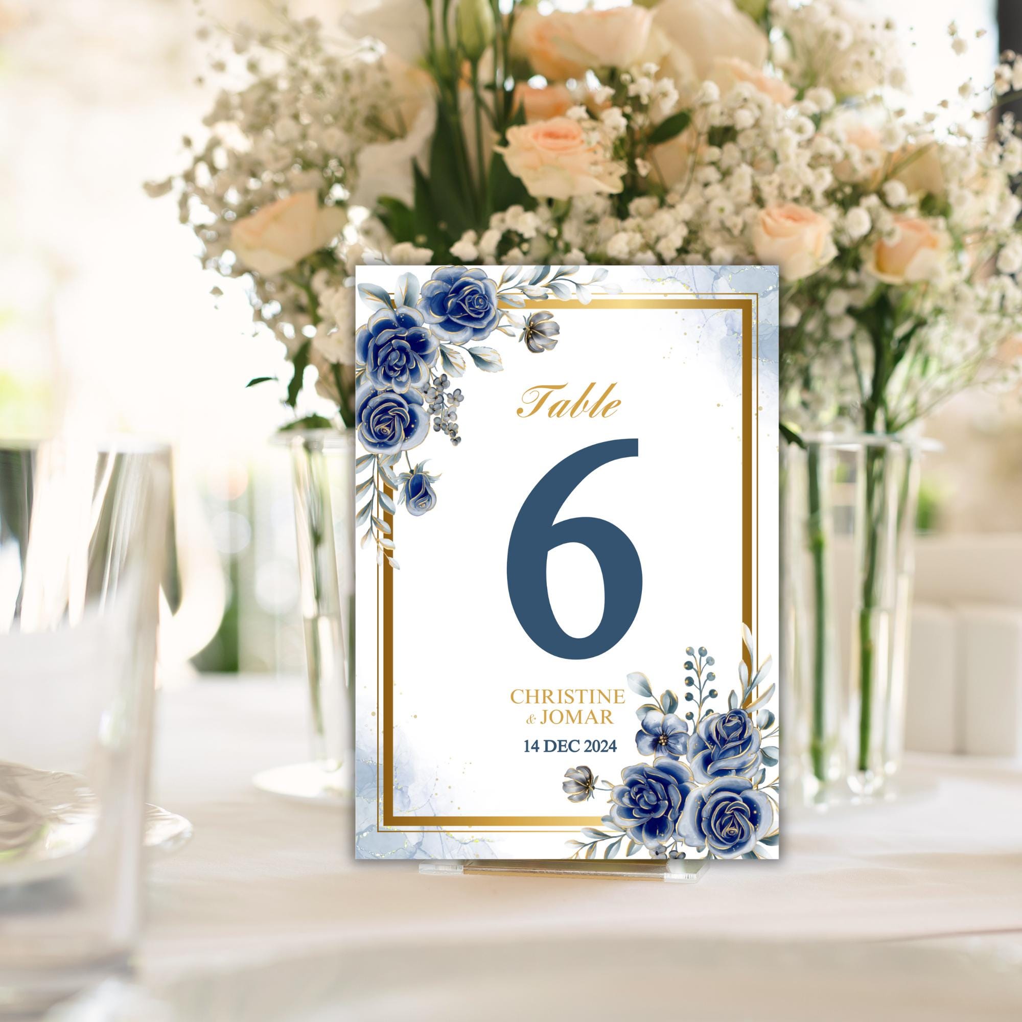 Editable Navy Blue Floral Table Number Template | Elegant Wedding Table Card | Printable Digital Download | Gold Border Table Sign | CJ004