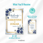 Editable Blue Floral Wedding Welcome Sign | Elegant Navy Gold Welcome Board | Printable Digital Download | Custom Wedding Decor| CJ004