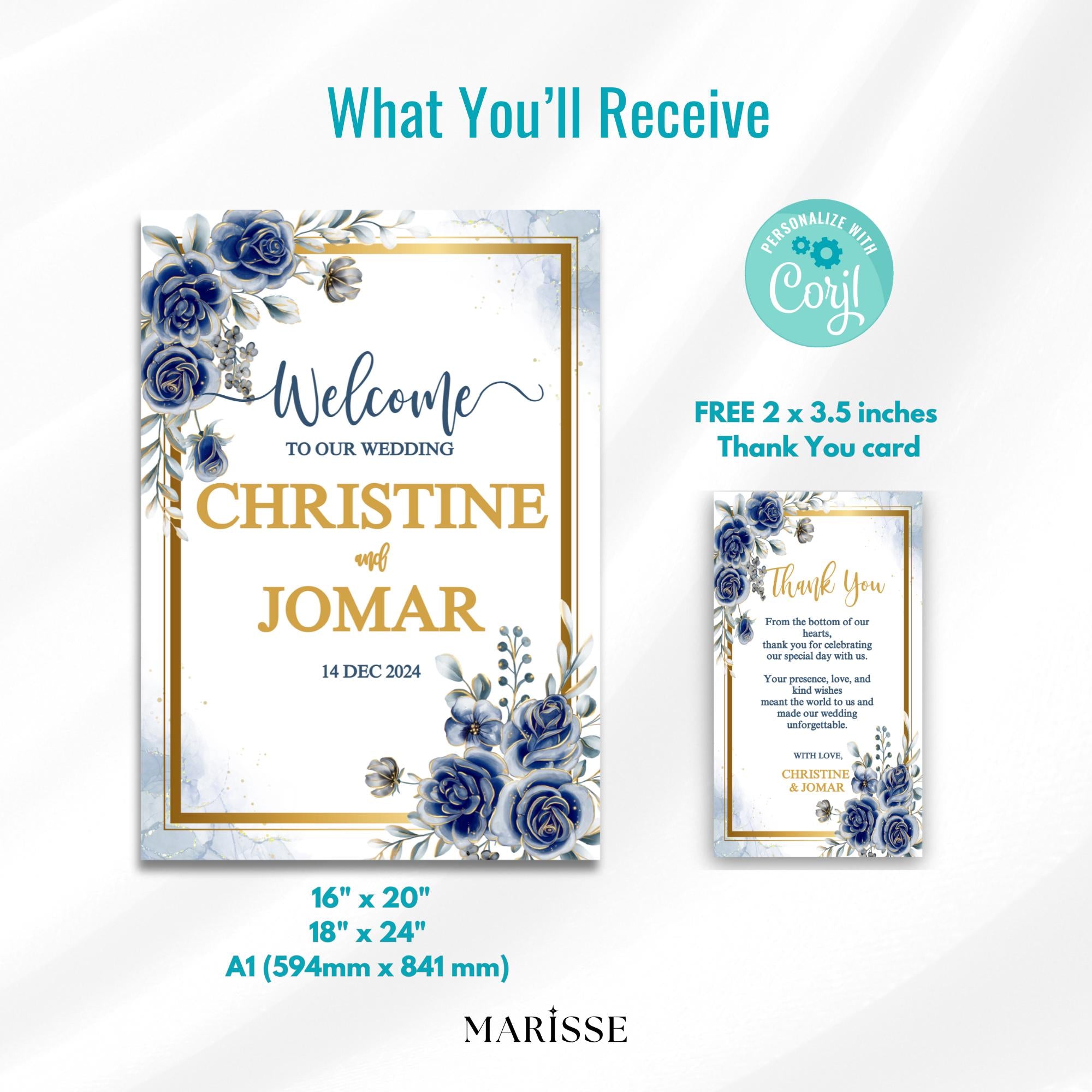 Editable Blue Floral Wedding Welcome Sign | Elegant Navy Gold Welcome Board | Printable Digital Download | Custom Wedding Decor| CJ004