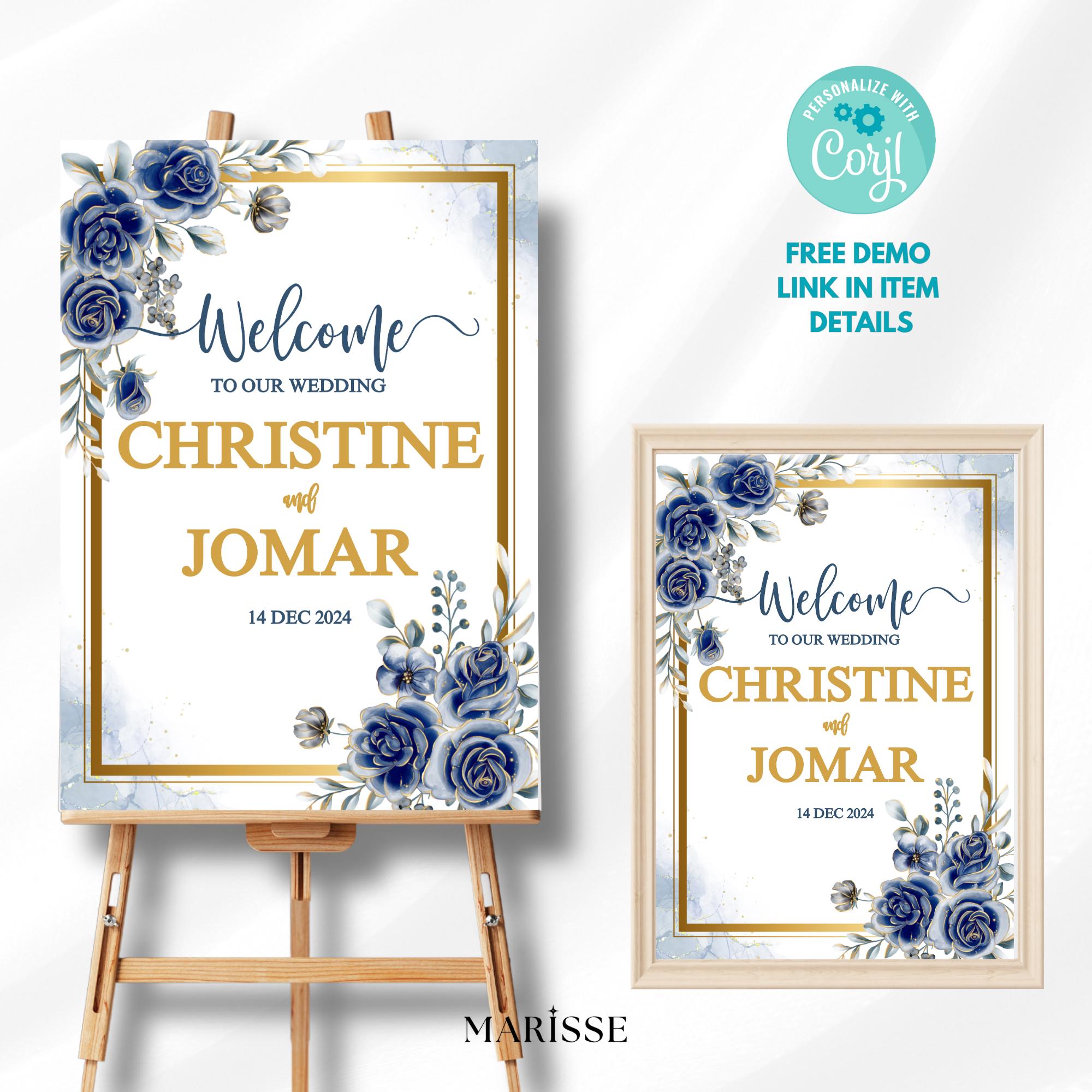 Editable Blue Floral Wedding Welcome Sign | Elegant Navy Gold Welcome Board | Printable Digital Download | Custom Wedding Decor| CJ004