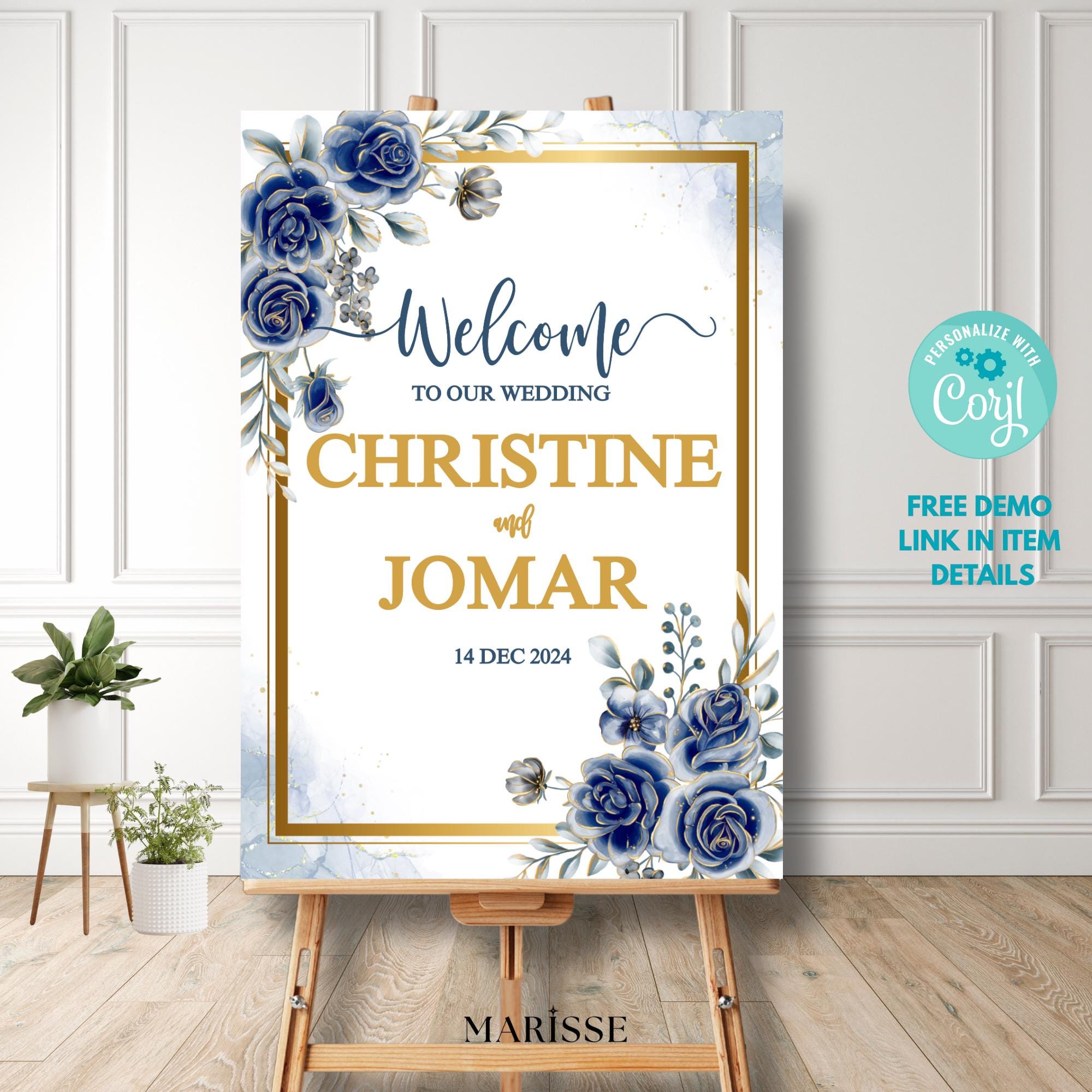 Editable Blue Floral Wedding Welcome Sign | Elegant Navy Gold Welcome Board | Printable Digital Download | Custom Wedding Decor| CJ004
