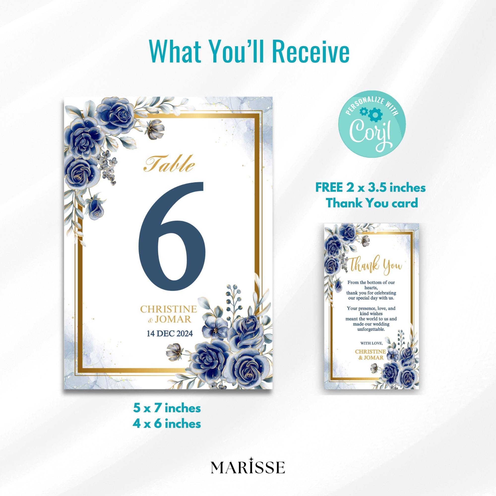 Editable Blue Floral Wedding Bundle | Welcome Sign, Invitation, Table Number & Thank You Card | Elegant Navy Gold Digital Templates | CJ004