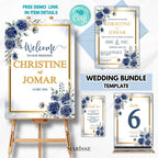 Editable Blue Floral Wedding Bundle | Welcome Sign, Invitation, Table Number & Thank You Card | Elegant Navy Gold Digital Templates | CJ004