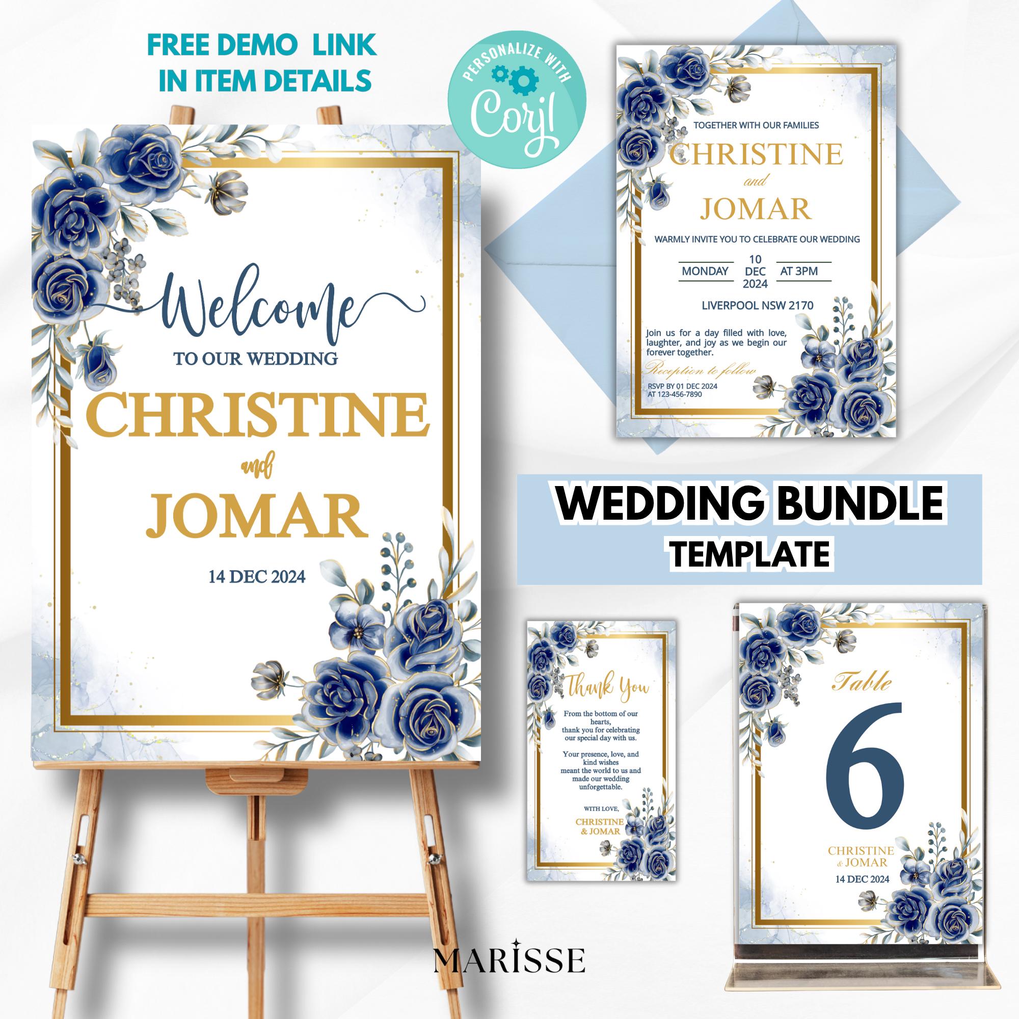 Editable Blue Floral Wedding Bundle | Welcome Sign, Invitation, Table Number & Thank You Card | Elegant Navy Gold Digital Templates | CJ004