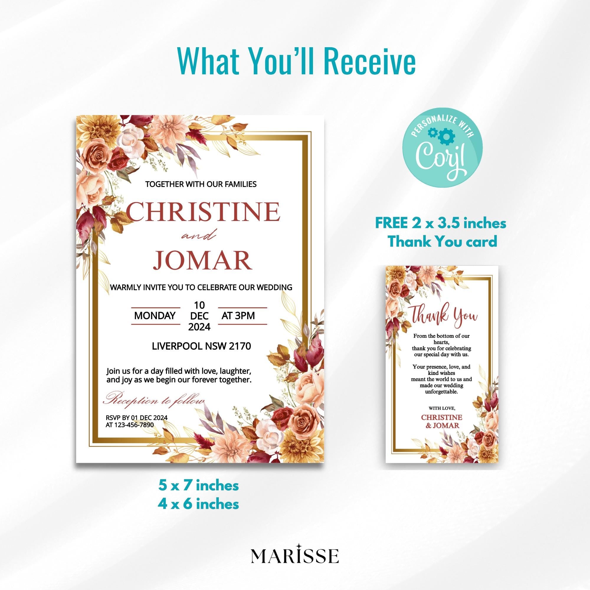 Editable Elegant Floral Wedding Invitation | Burgundy & Blush Invite | Digital Wedding Invitation Template | Digital Products | CJ005