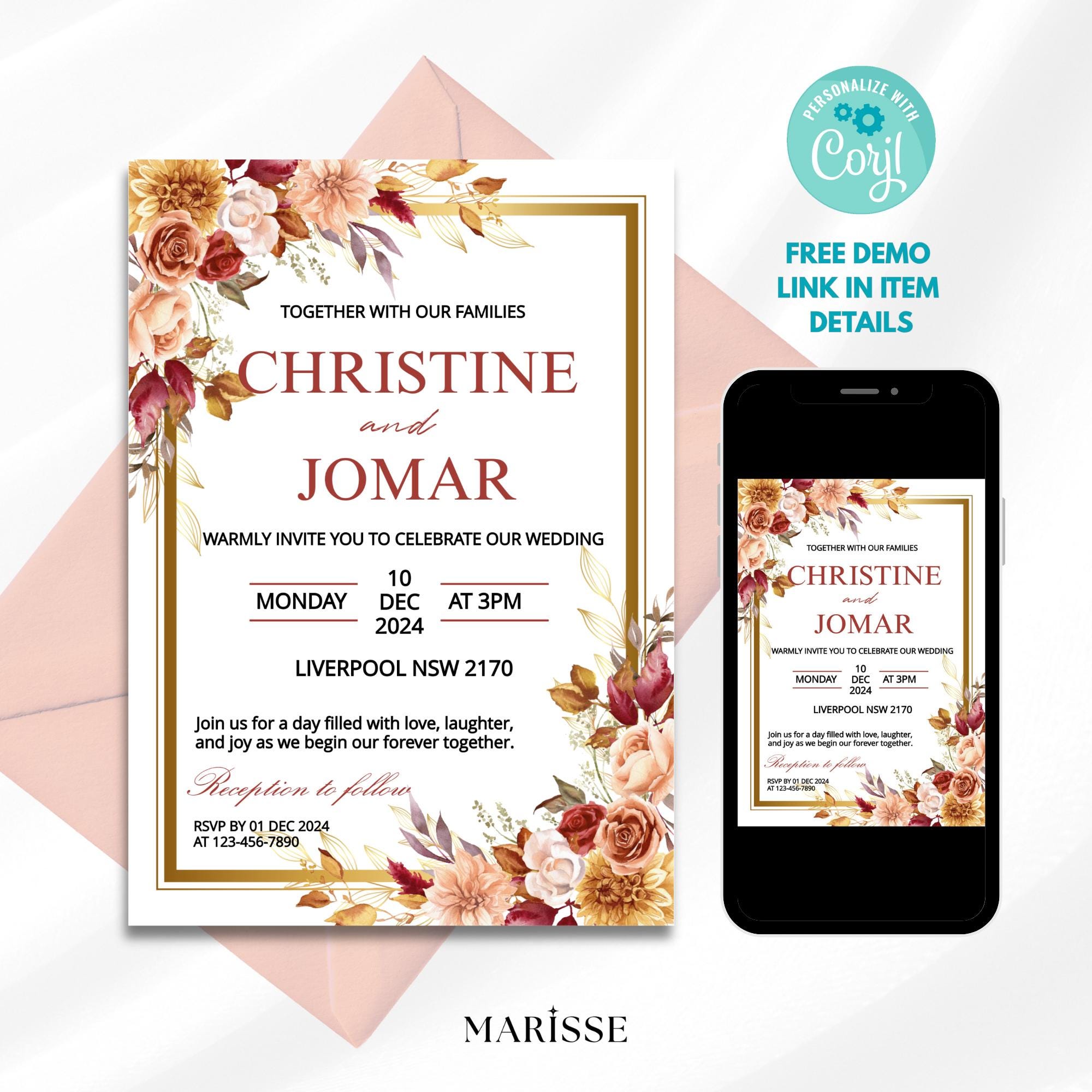 Editable Elegant Floral Wedding Invitation | Burgundy & Blush Invite | Digital Wedding Invitation Template | Digital Products | CJ005