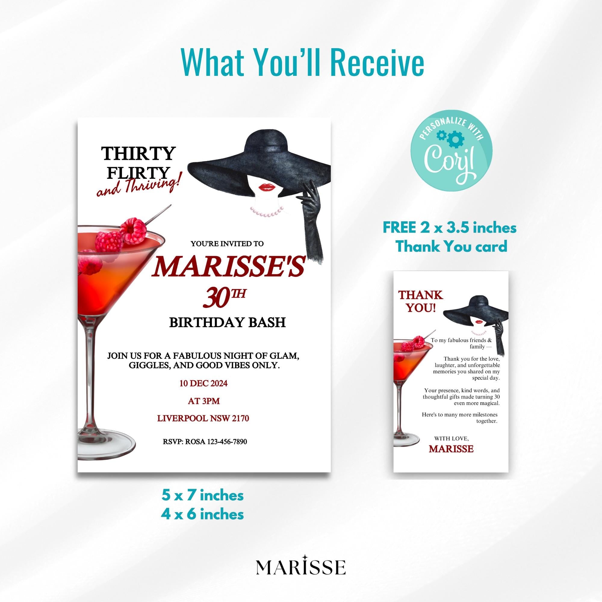 30th Birthday Invitation Red & Black Martini Theme Party Invite Digital Download Birthday Card  Thirty and Thriving Template