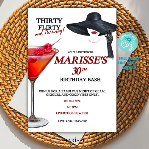 30th Birthday Invitation Red & Black Martini Theme Party Invite Digital Download Birthday Card  Thirty and Thriving Template
