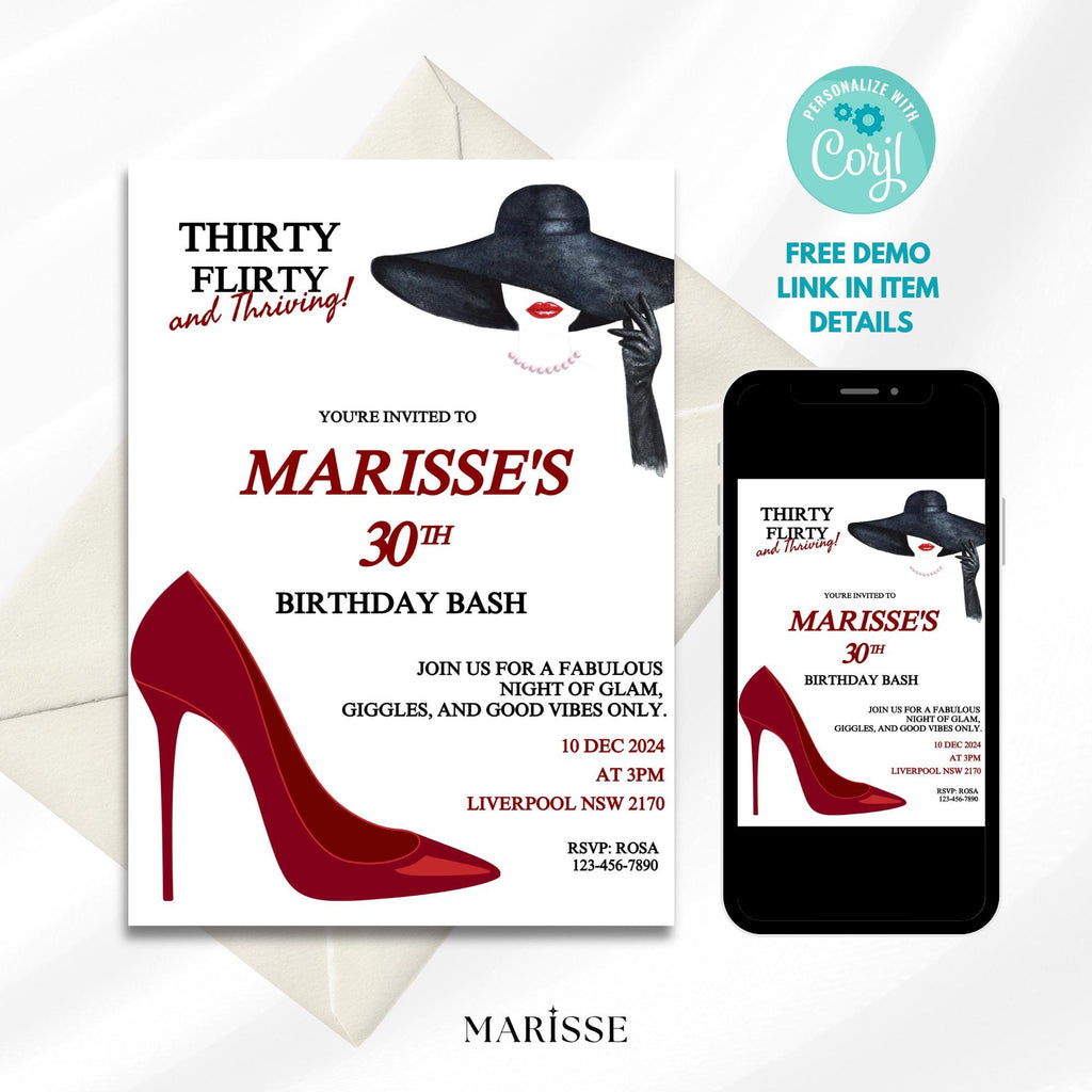 Editable 30th Birthday Invitation Template Red Heels Flirty Digital Invite Printable Birthday Party Card Thirty and Thriving Party Decor