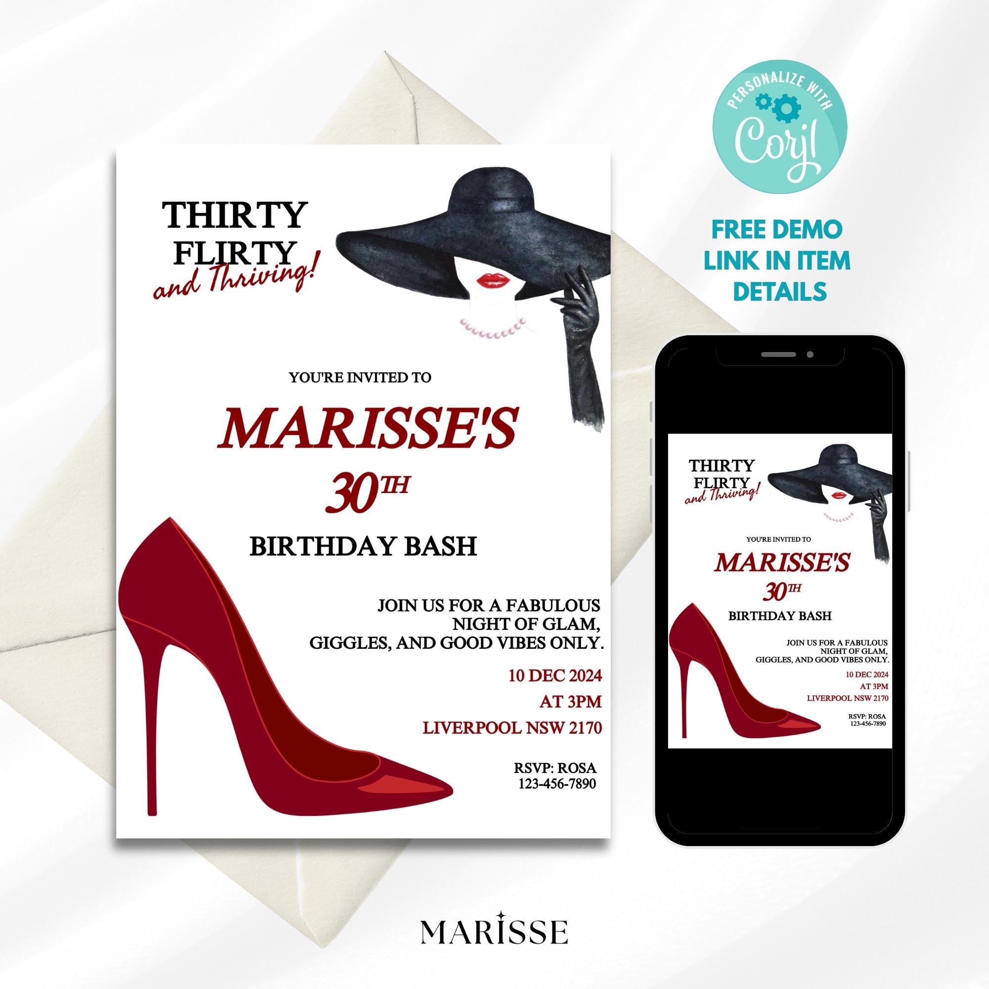Editable 30th Birthday Invitation Template Red Heels Flirty Digital Invite Printable Birthday Party Card Thirty and Thriving Party Decor
