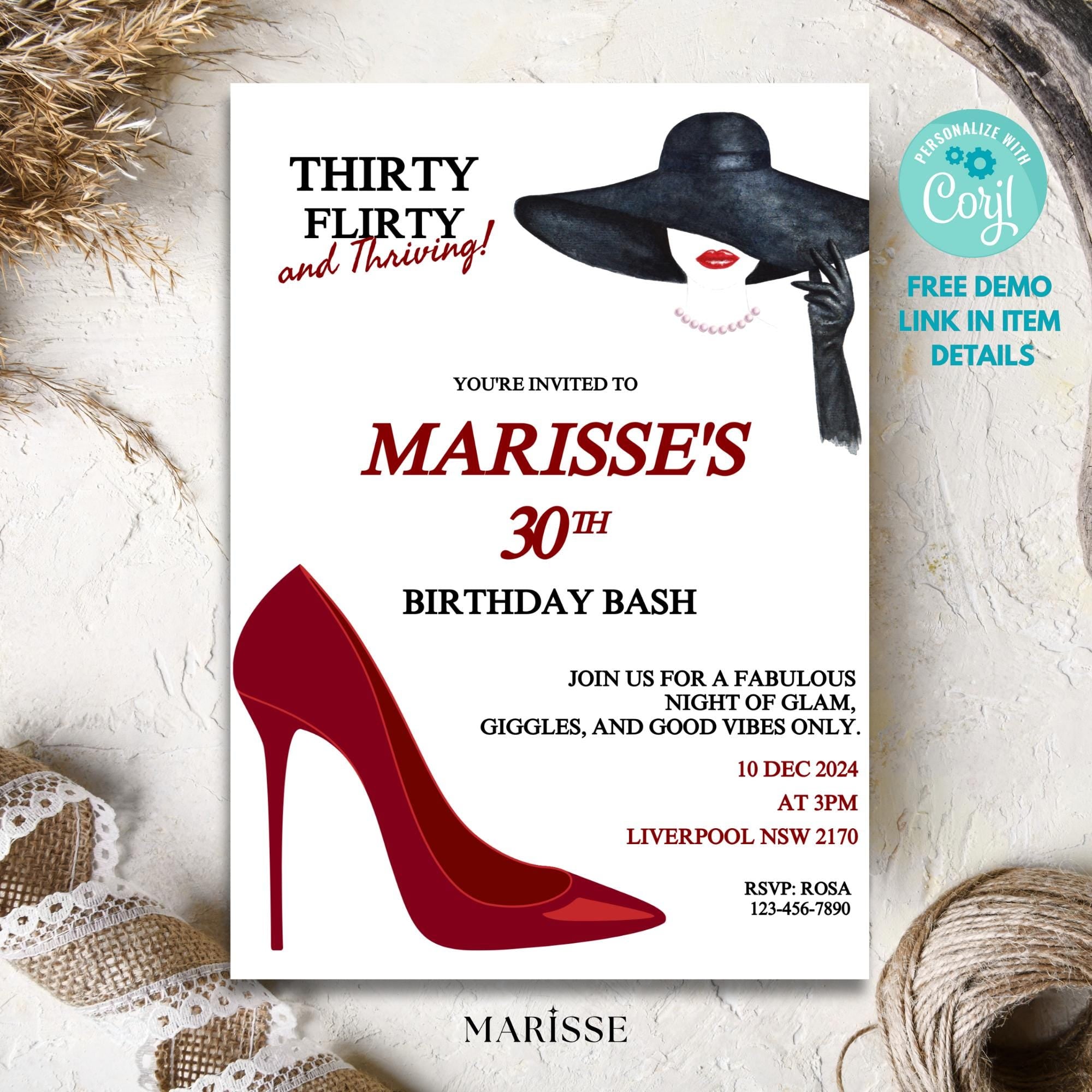 Editable 30th Birthday Invitation Template Red Heels Flirty Digital Invite Printable Birthday Party Card Thirty and Thriving Party Decor