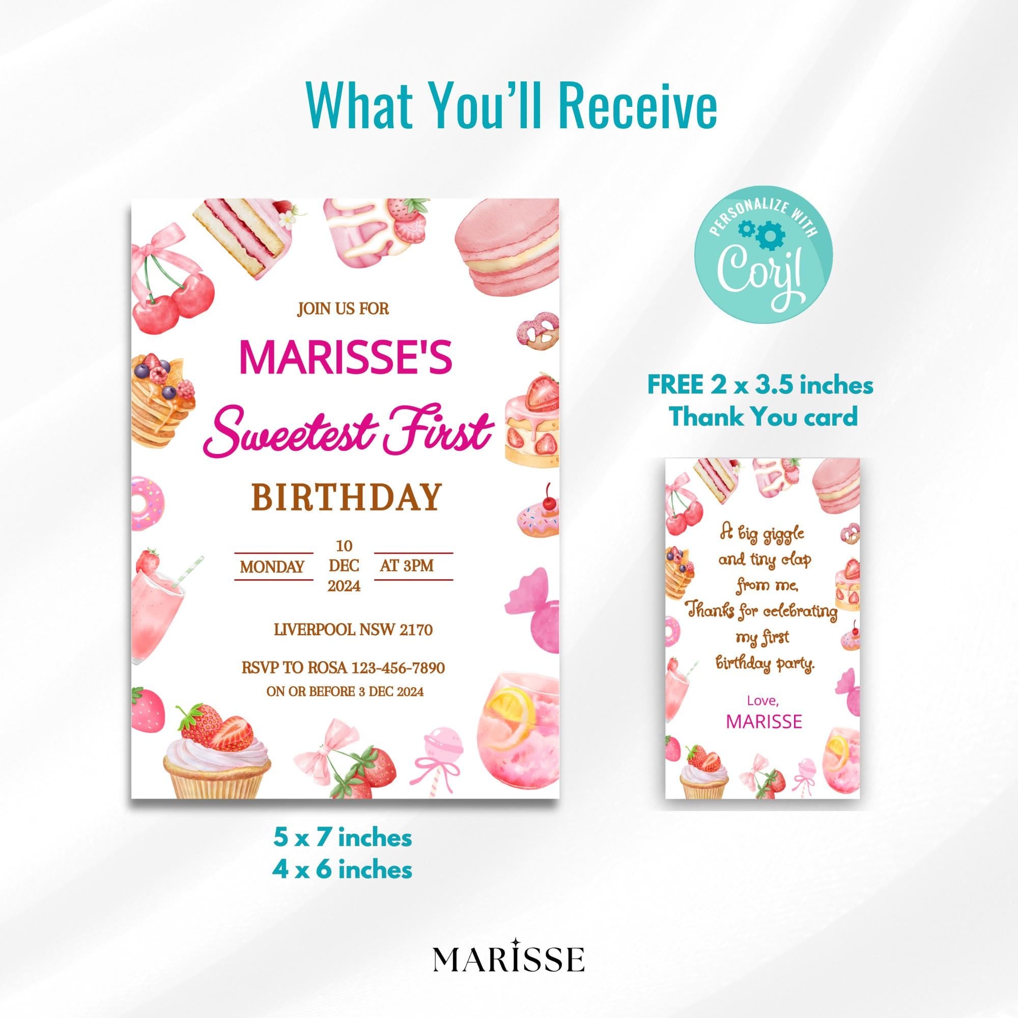 Editable Sweet First Birthday Invitation Template Dessert Theme Pink Birthday Invite First Birthday Digital Products Printable Download