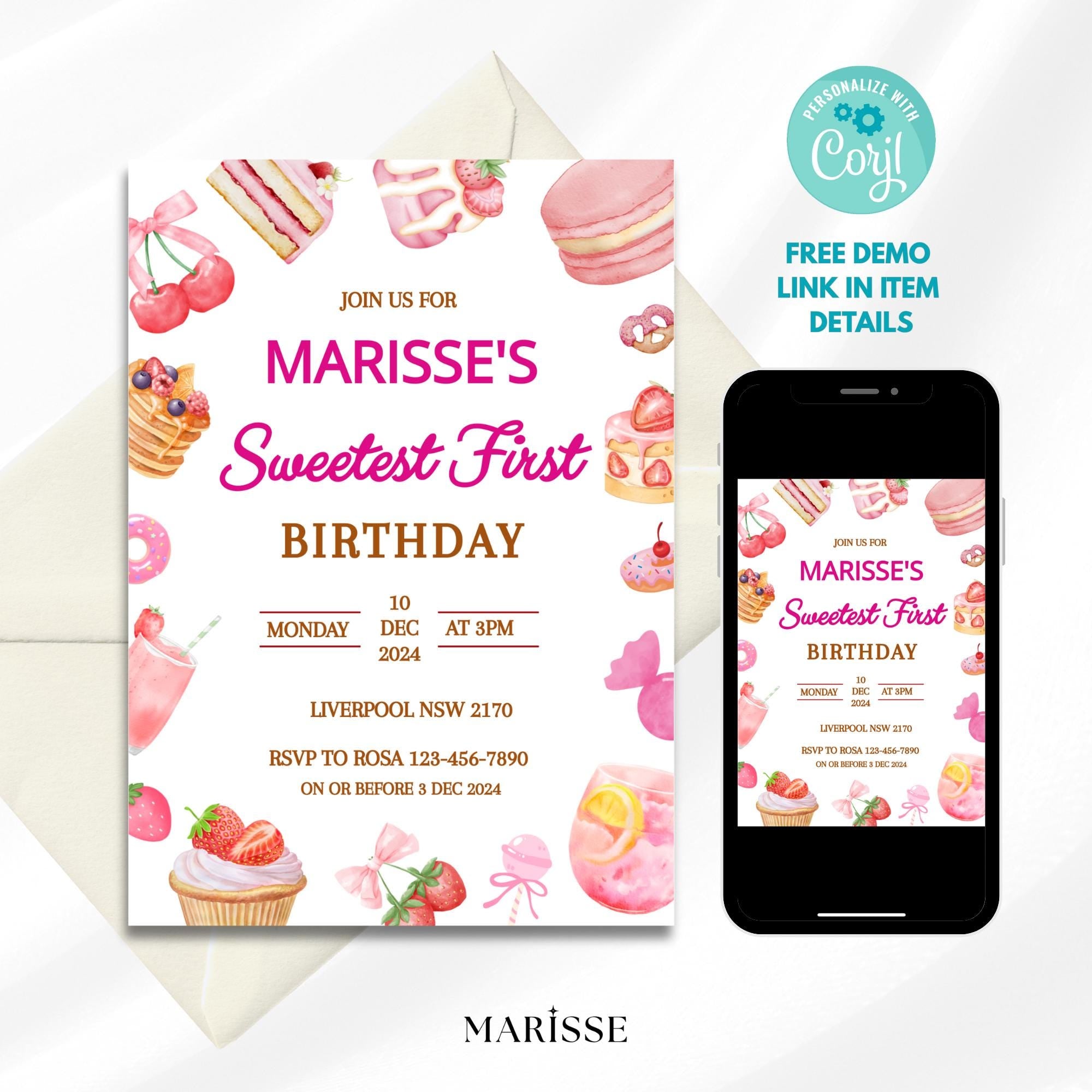 Editable Sweet First Birthday Invitation Template Dessert Theme Pink Birthday Invite First Birthday Digital Products Printable Download