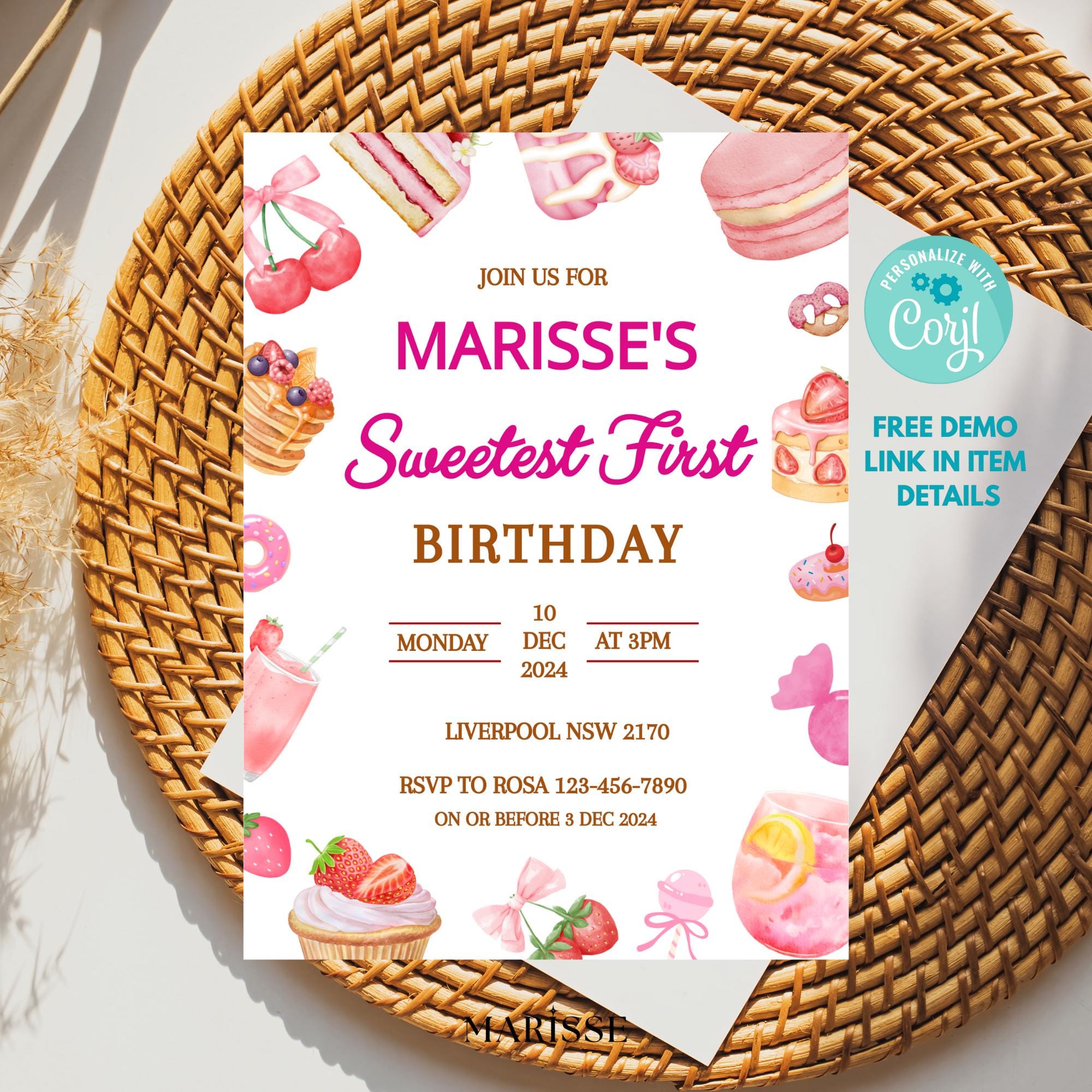 Editable Sweet First Birthday Invitation Template Dessert Theme Pink Birthday Invite First Birthday Digital Products Printable Download