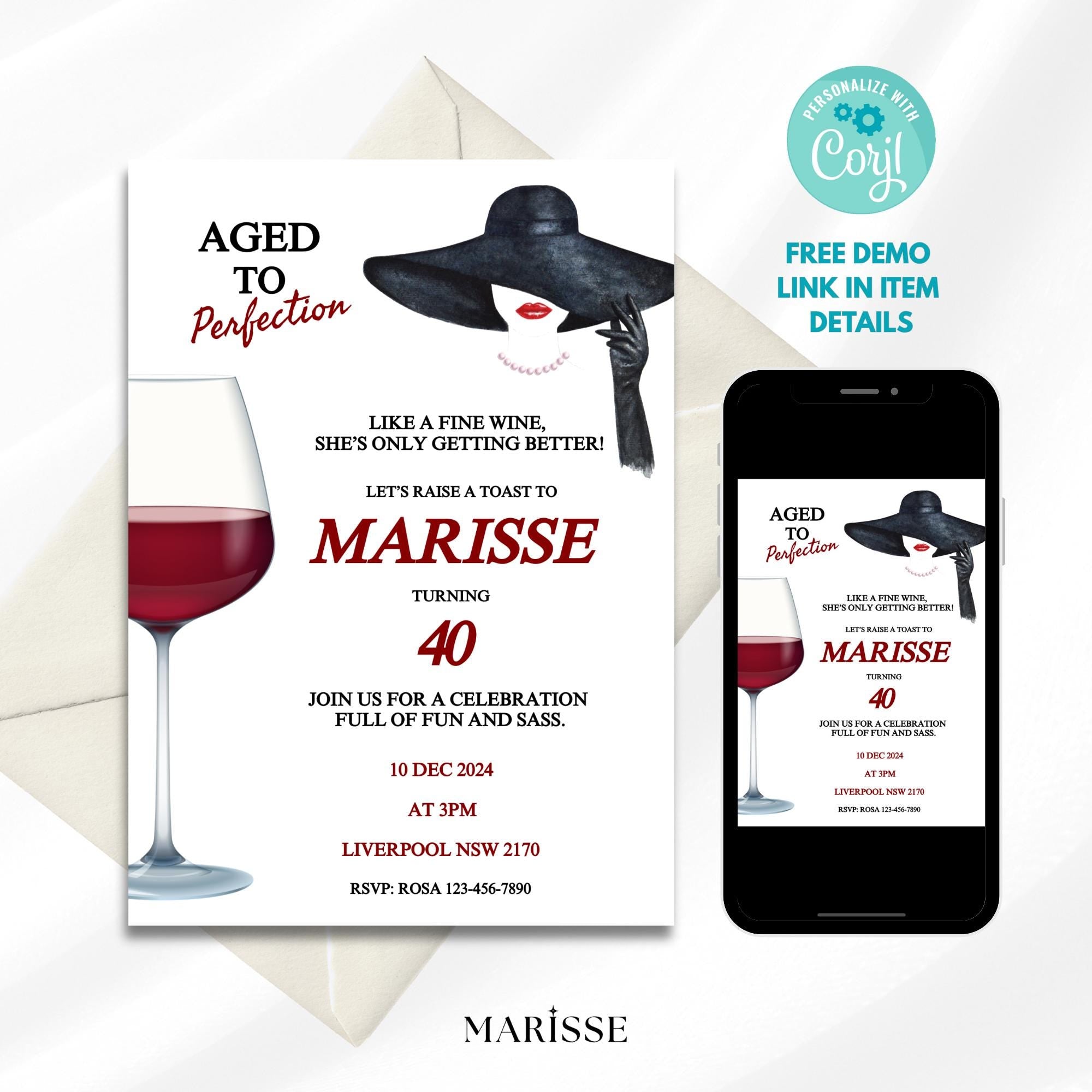 Aged to Perfection 40th Birthday Invitation Template Digital Download Wine Theme Party Invite for Women Classy Elegant Editable Birthday