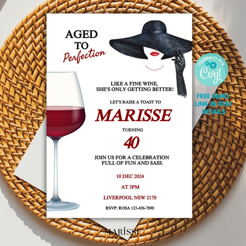 Aged to Perfection 40th Birthday Invitation Template Digital Download Wine Theme Party Invite for Women Classy Elegant Editable Birthday