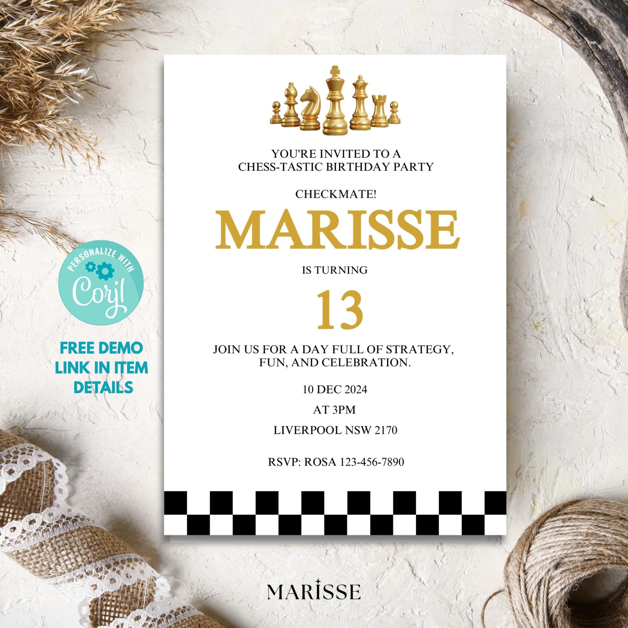 Editable Chess Birthday Invitation Template For Boys & Girls Chess Party Invite Kids Printable Chess Theme Digital Product Instant Download