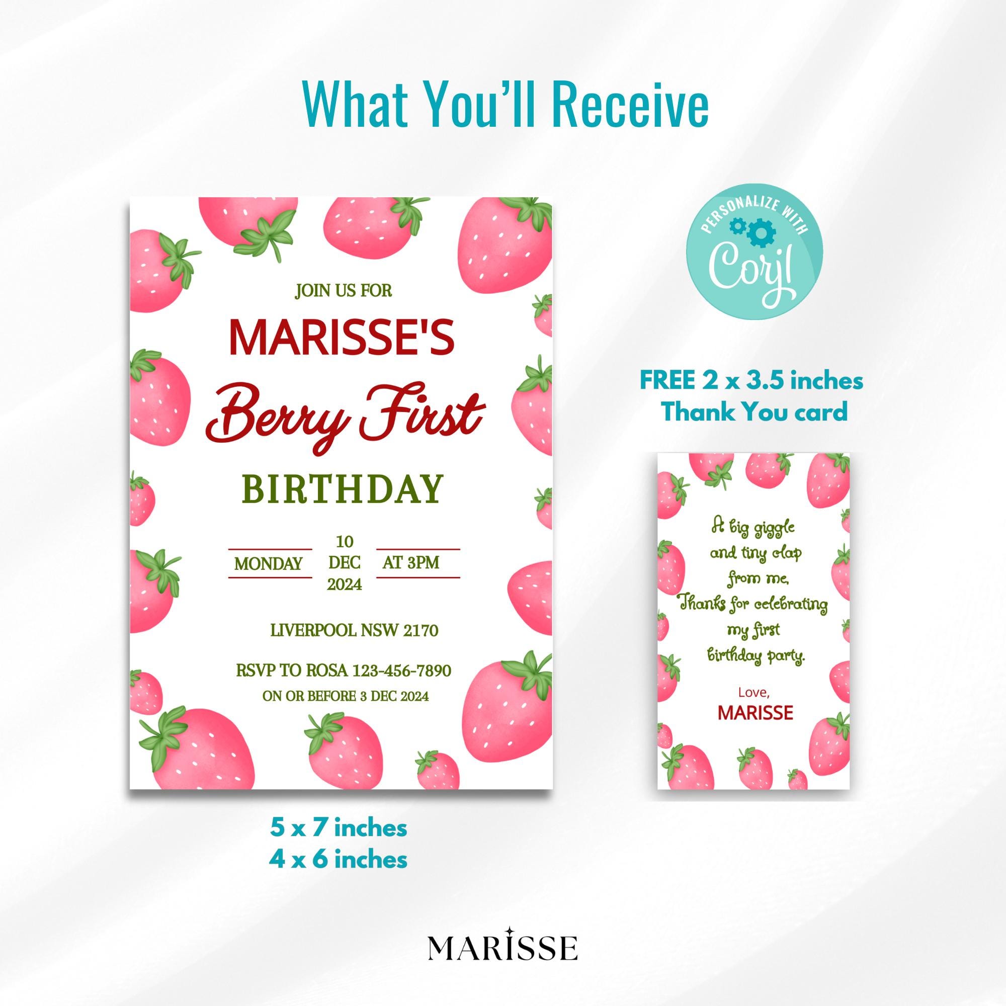 Editable Berry First Birthday Invitation Strawberry Theme Girl 1st Birthday Invite Printable Digital Product Instant Download Template