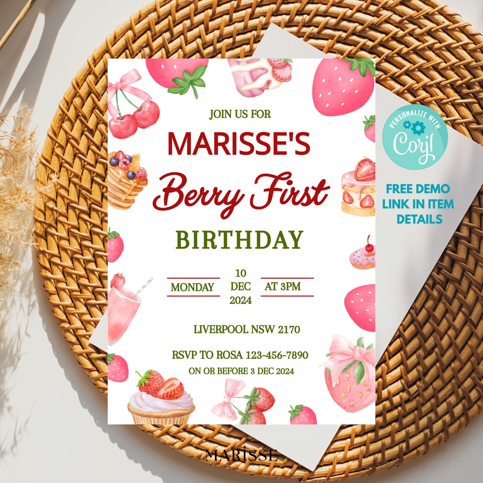 Editable Berry First Birthday Invitation Strawberry Party Invite For Girl Dessert Theme Birthday Digital Product Instant Download Template