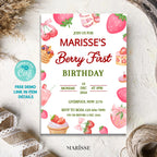 Editable Berry First Birthday Invitation Strawberry Party Invite For Girl Dessert Theme Birthday Digital Product Instant Download Template