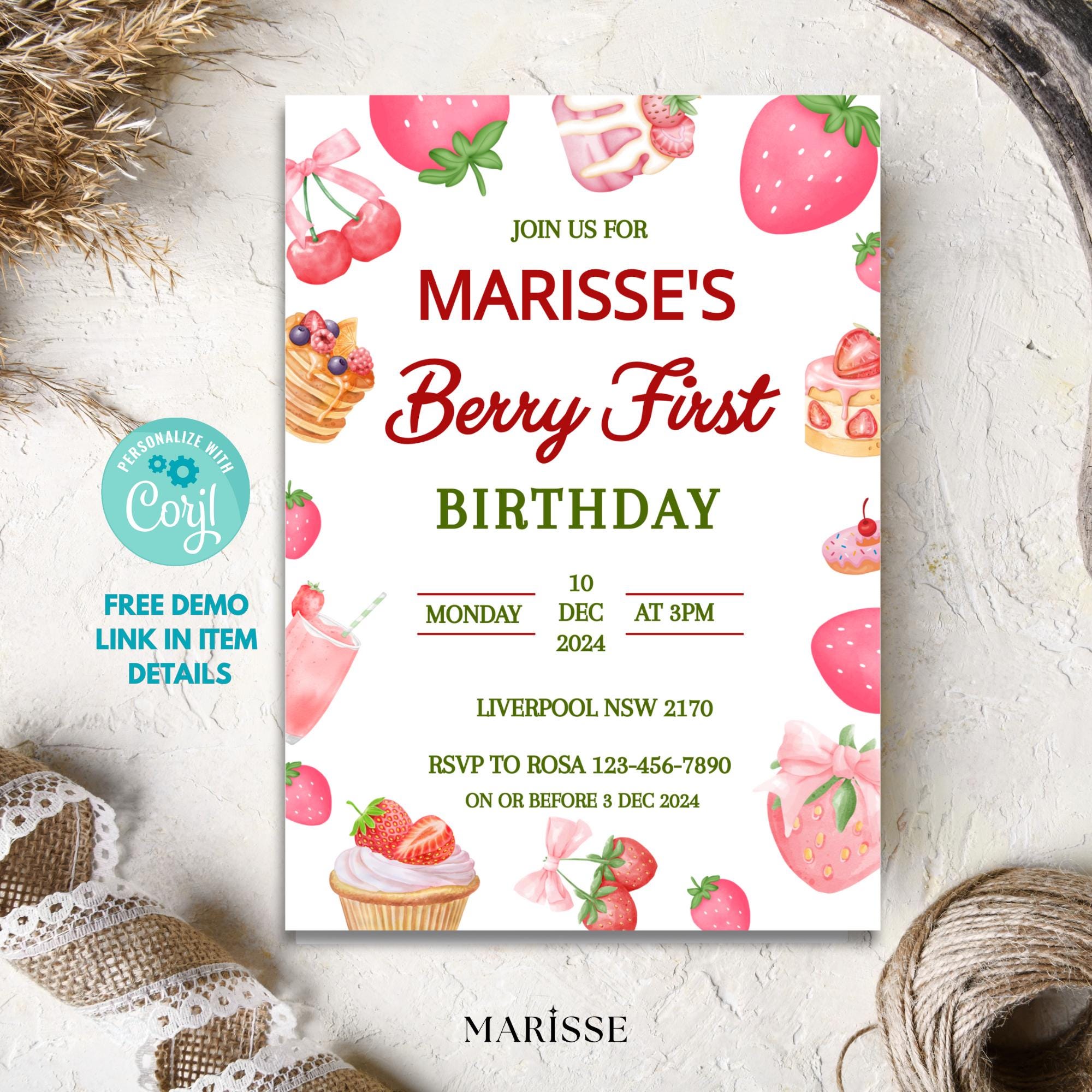 Editable Berry First Birthday Invitation Strawberry Party Invite For Girl Dessert Theme Birthday Digital Product Instant Download Template
