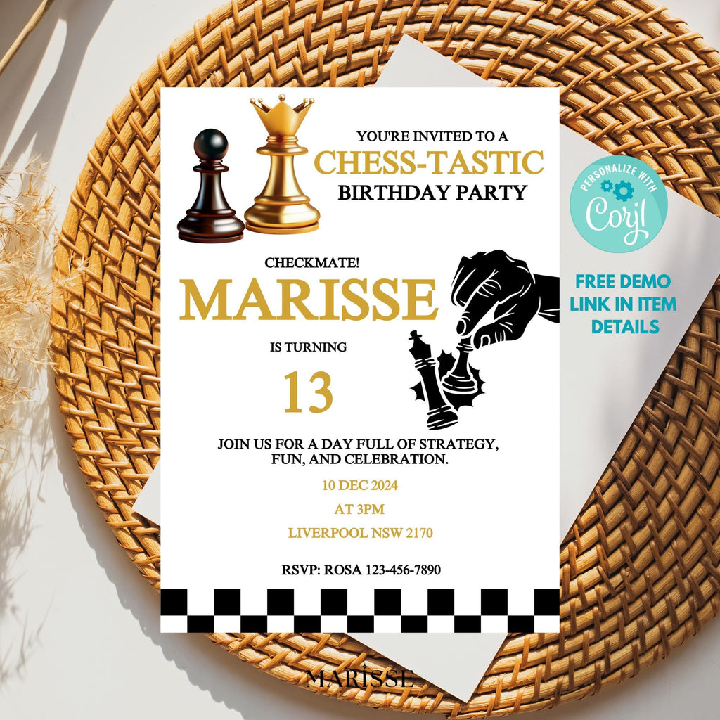 Editable Digital Invite For Chess Lover Chess Birthday Invitation Template Kids Party Invitation Game Night Chess Theme Printable Download