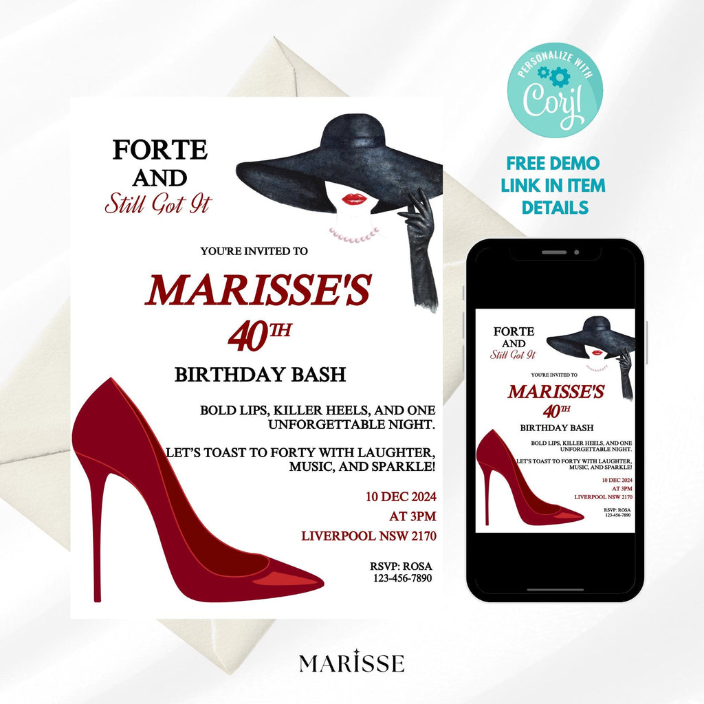 40th Birthday Invitation Template Red High Heel Party Invite Digital Download Glam Birthday Bash Editable Printable