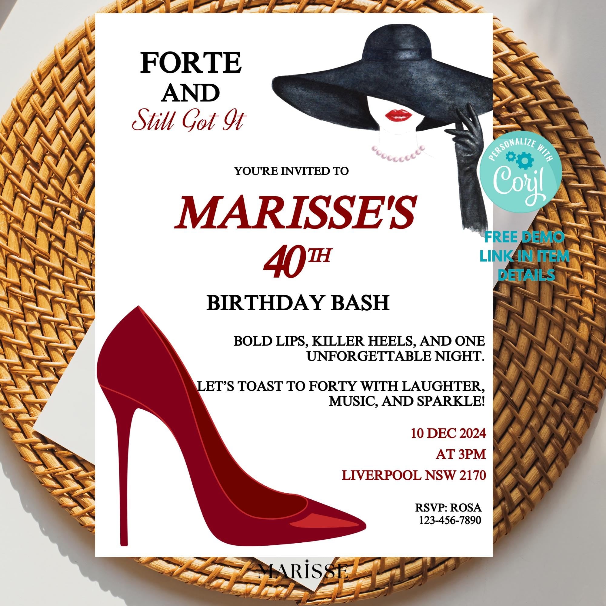 40th Birthday Invitation Template Red High Heel Party Invite Digital Download Glam Birthday Bash Editable Printable