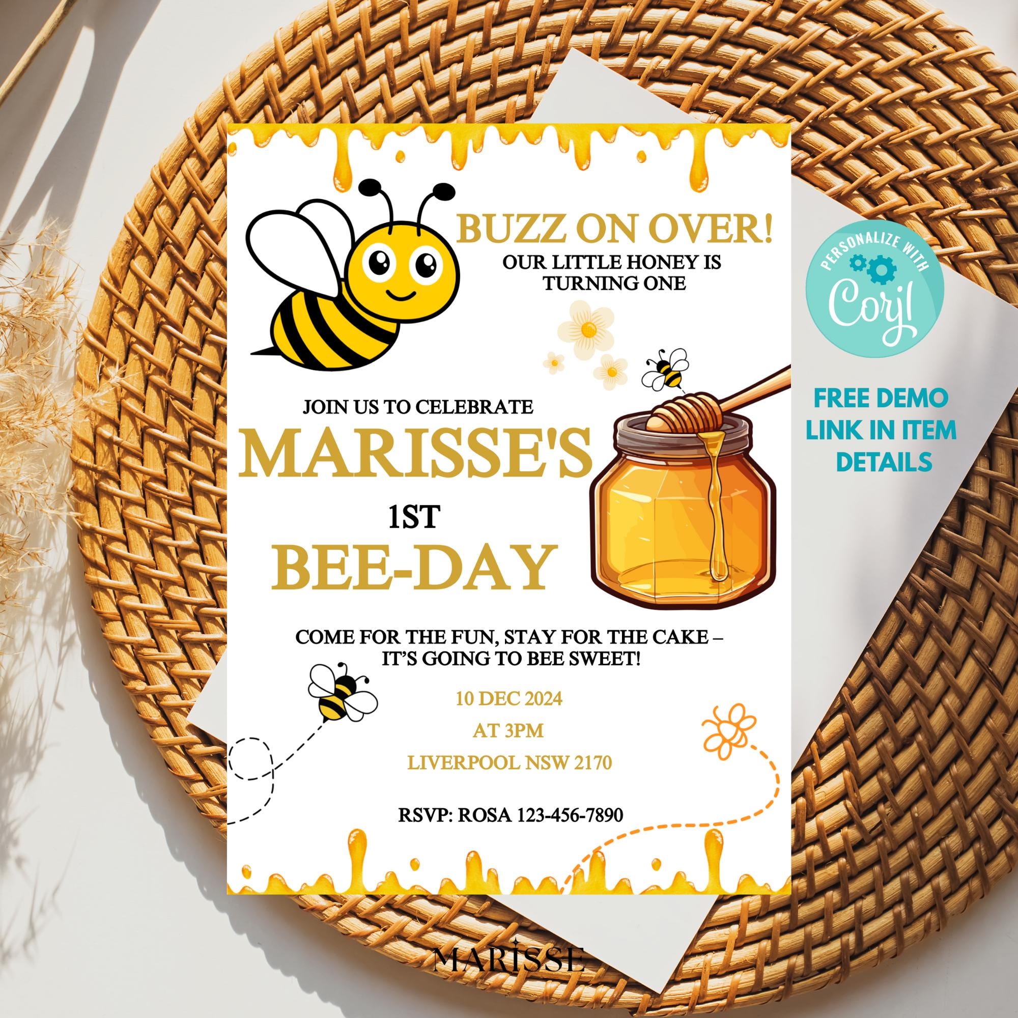 Editable Bee 1st Birthday Invitation Honey Bee Theme Party Invite Girl Or Boy Bee Day Digital Product Printable Birthday Template Download