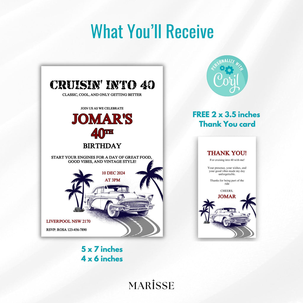40th Birthday Invitation Template Classic Car Retro Editable Auto Theme and Instant Download Printable Vintage Party Invite