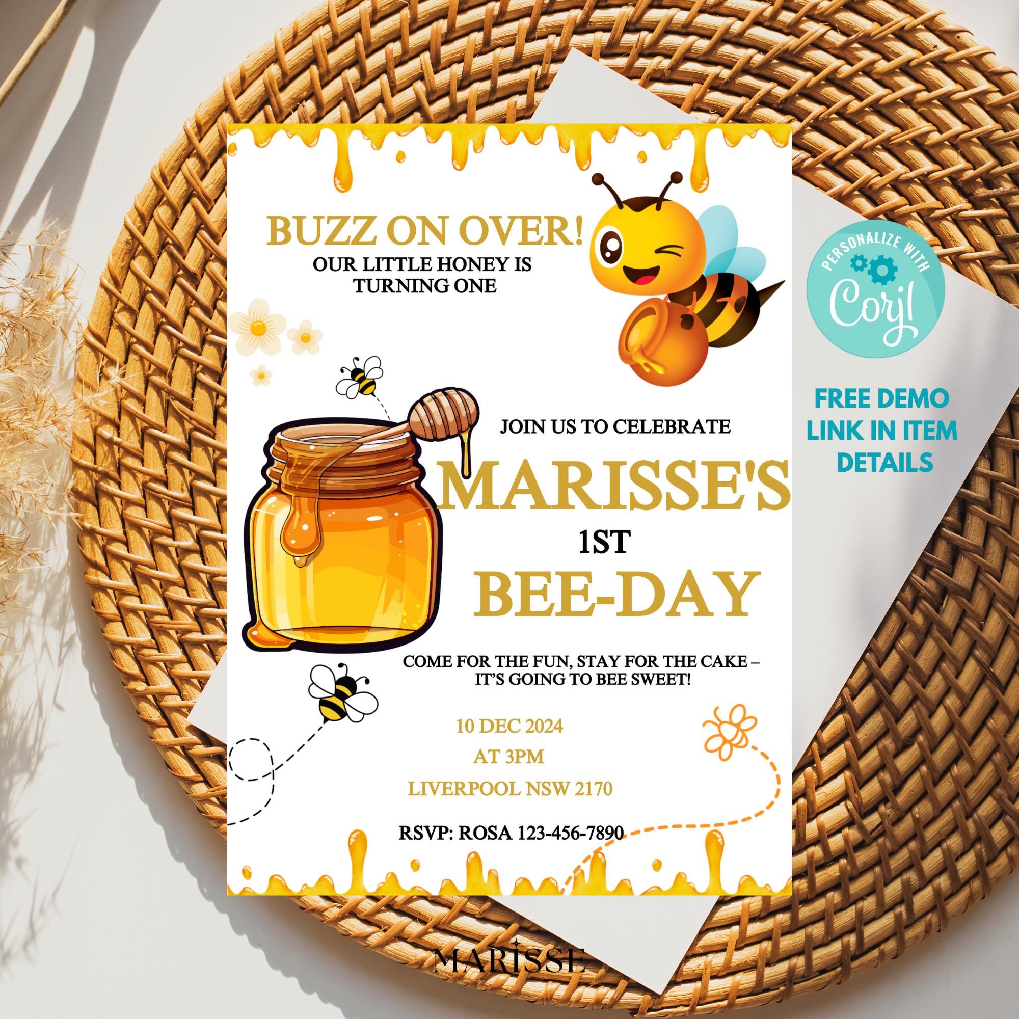Editable Bee Day Party Invite Bee 1st Birthday Invitation Template Honey Bee Birthday For Girl Or Boy Digital Product Printable Download
