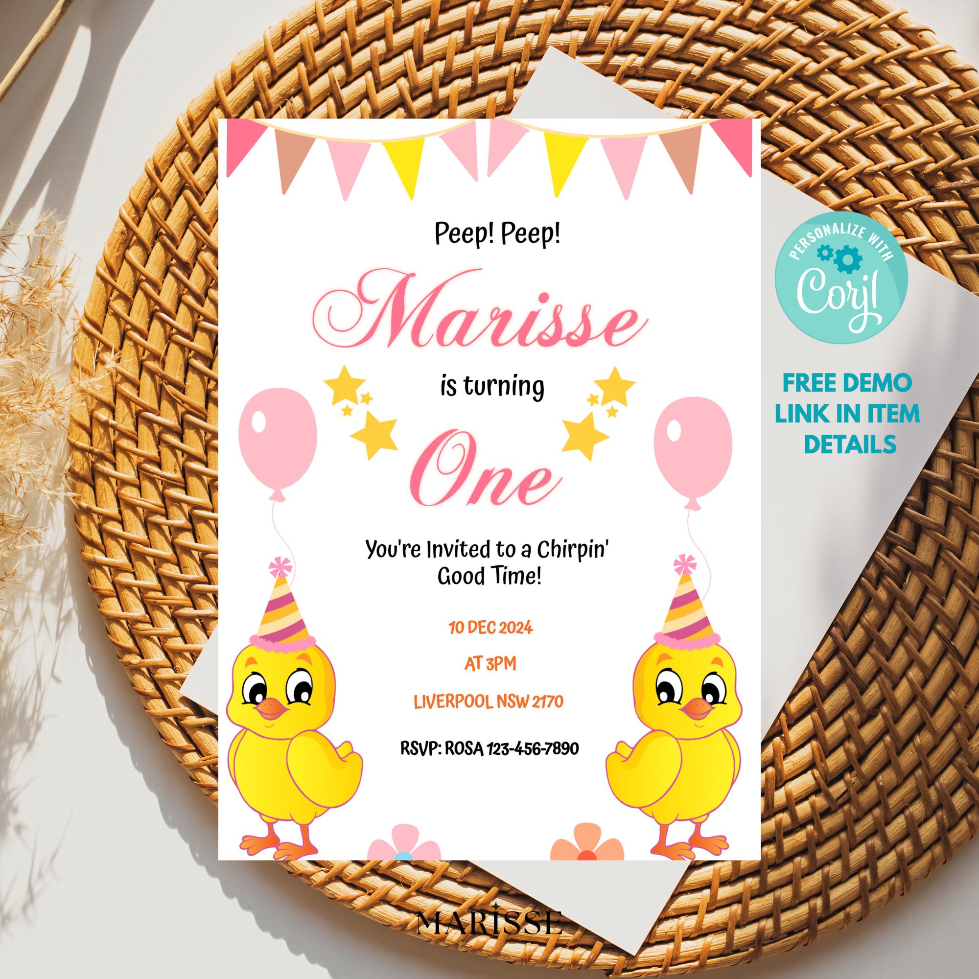 Editable Chick Birthday Invitation Baby Chick 1st Birthday Invite Farm Theme Party Digital Product Printable Download Invitation Template