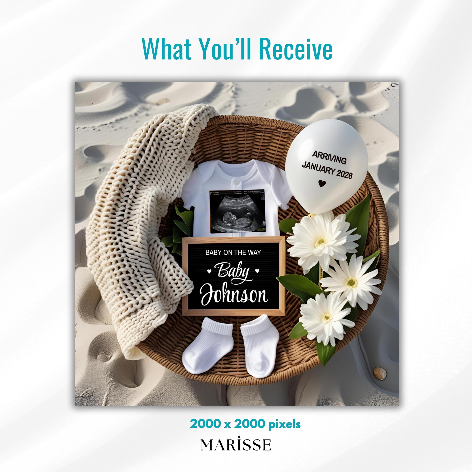 Pregnancy Announcement Template Digital Download Neutral Baby Reveal Social Media Post Editable Ultrasound and Baby Details Beach Theme