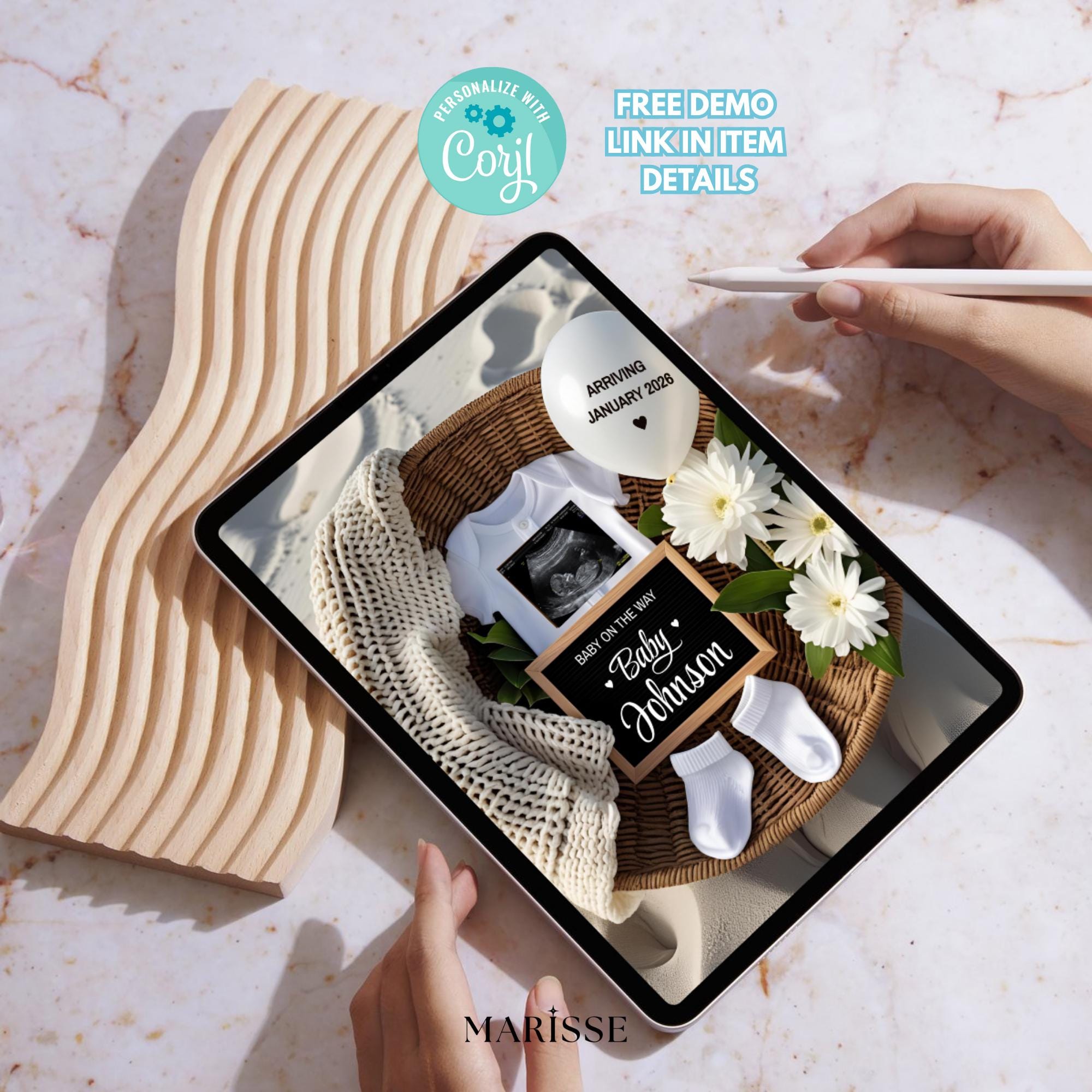 Pregnancy Announcement Template Digital Download Neutral Baby Reveal Social Media Post Editable Ultrasound and Baby Details Beach Theme