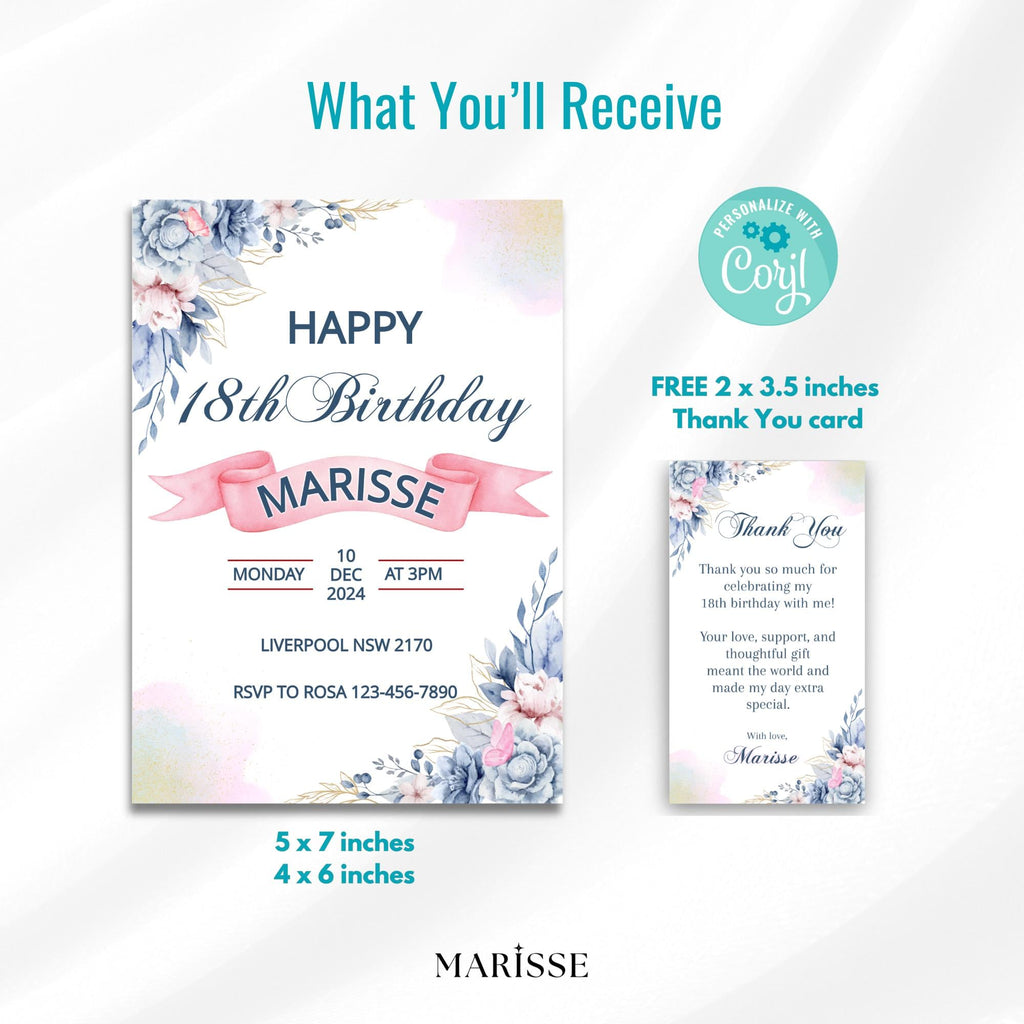 Editable Blue Floral 18th Birthday Invitation Digital Invite For Her Elegant Watercolour Birthday Card Digital Product Instant Download