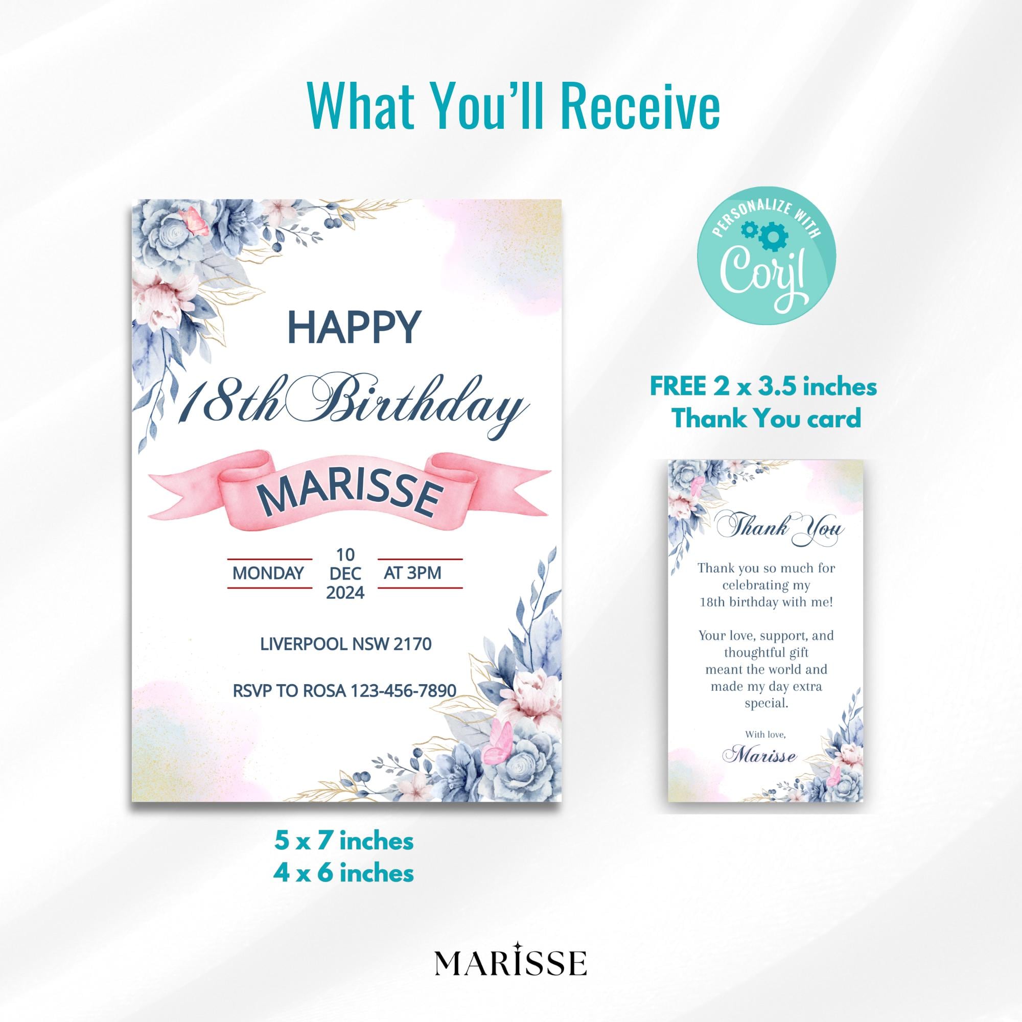 Editable Blue Floral 18th Birthday Invitation Digital Invite For Her Elegant Watercolour Birthday Card Digital Product Instant Download
