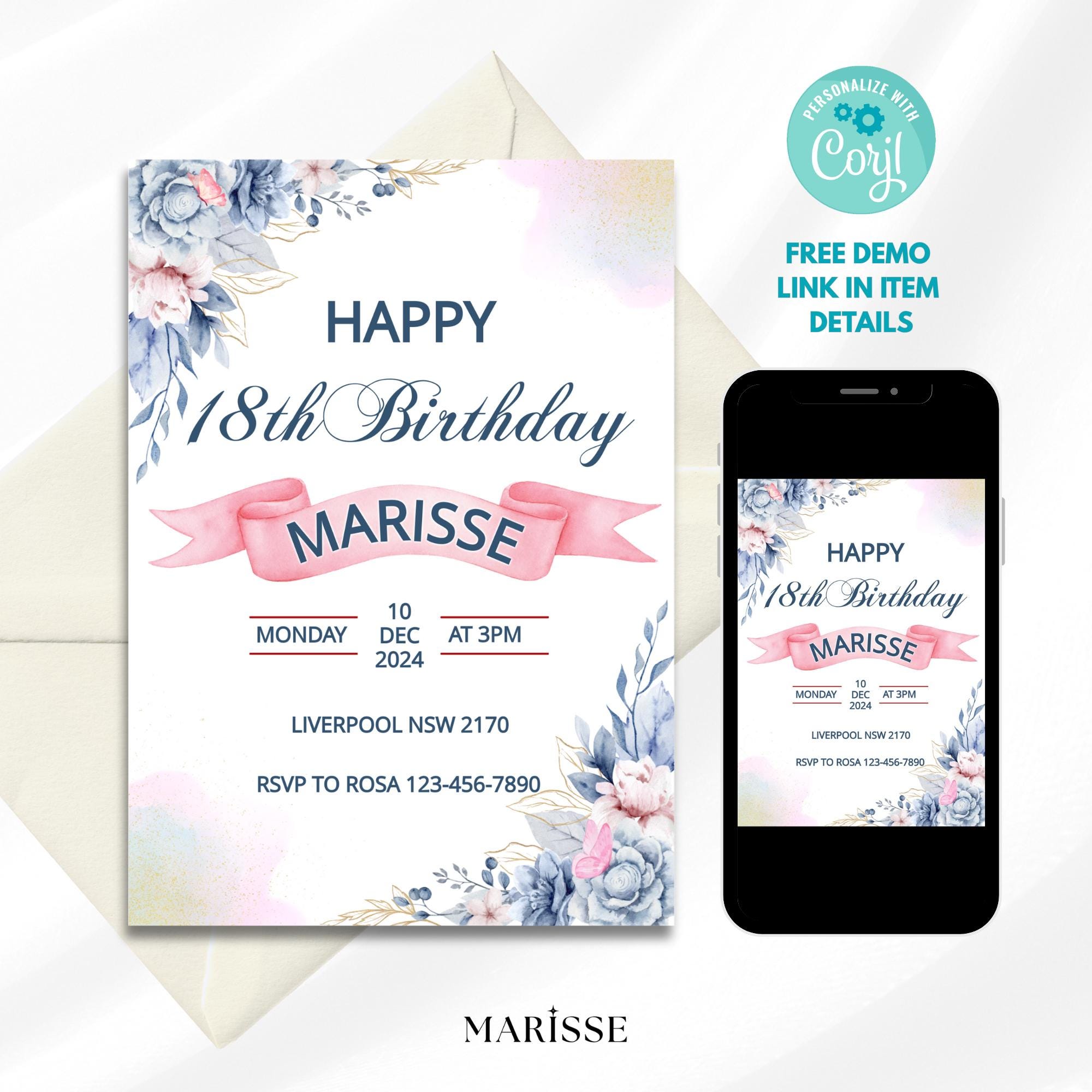 Editable Blue Floral 18th Birthday Invitation Digital Invite For Her Elegant Watercolour Birthday Card Digital Product Instant Download