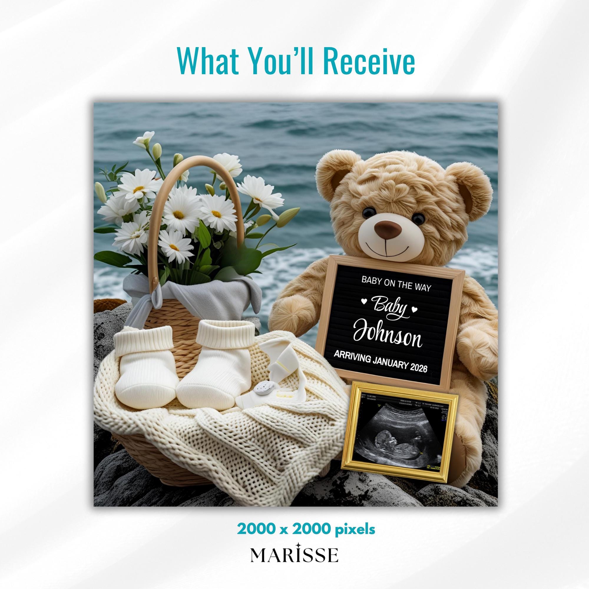 Beach Baby Announcement Template | Ultrasound Reveal with Ocean Background | Editable Digital Pregnancy Reveal | Floral Basket Baby Card