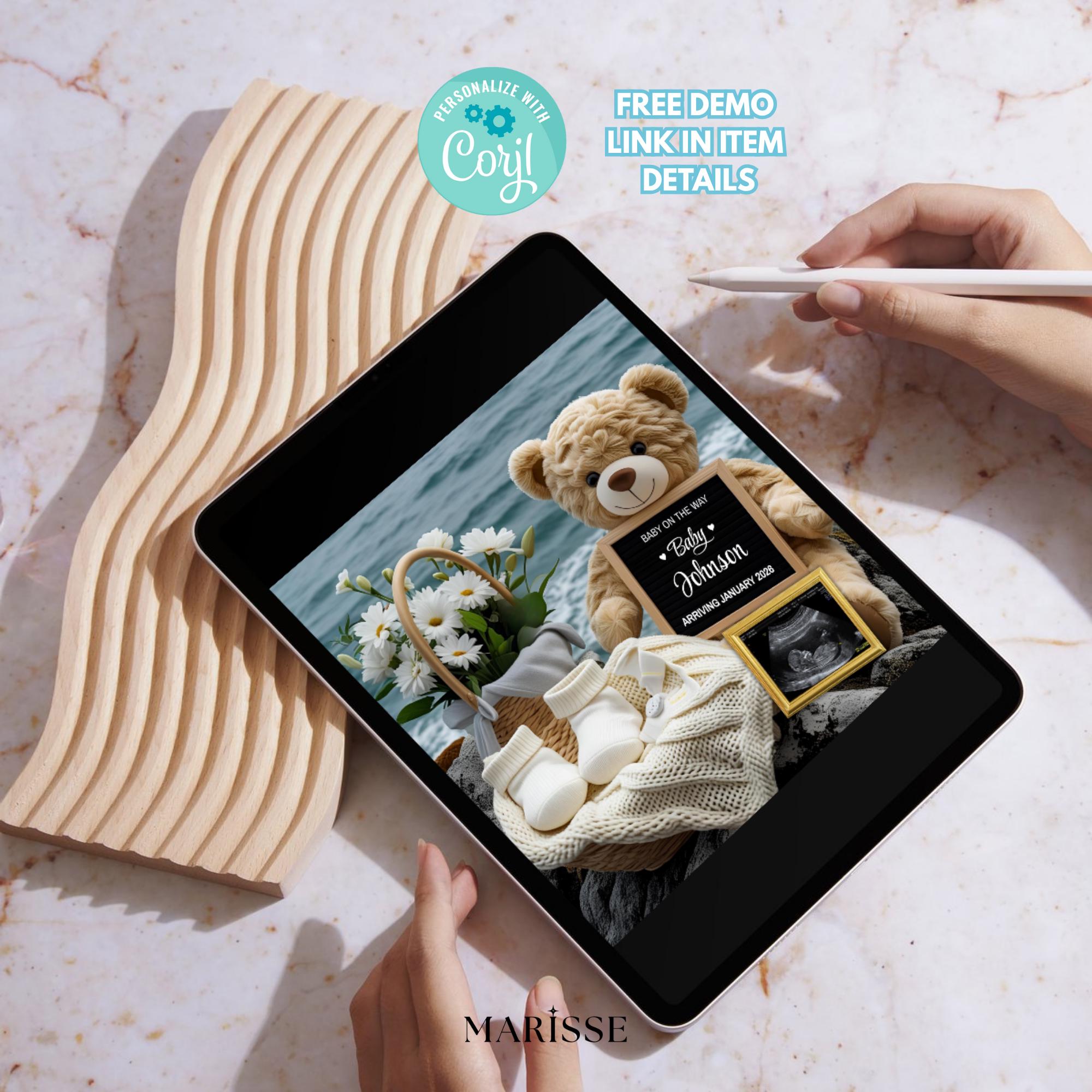 Beach Baby Announcement Template | Ultrasound Reveal with Ocean Background | Editable Digital Pregnancy Reveal | Floral Basket Baby Card