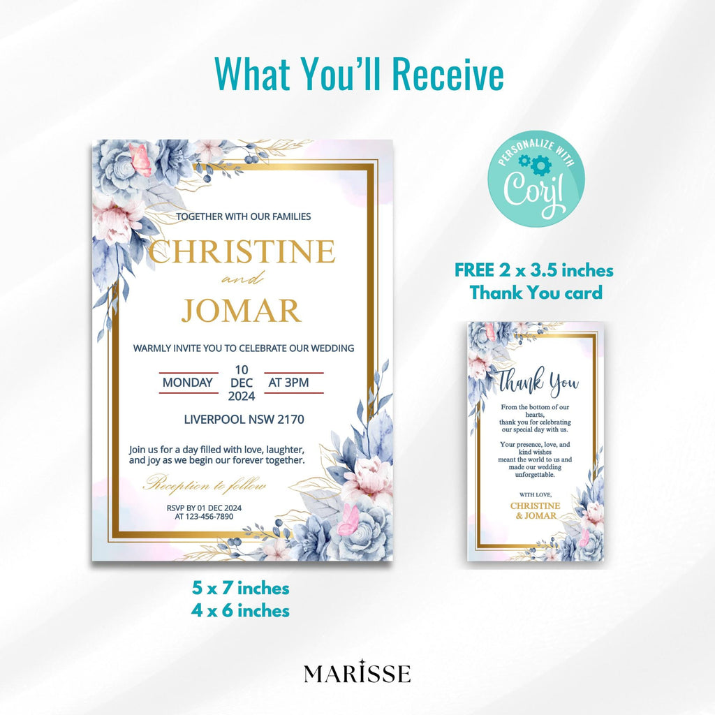 Editable Elegant Floral Invitation Template Blue Flower Design For Wedding Digital Product Printable Invite Card Instant Download | CJ001