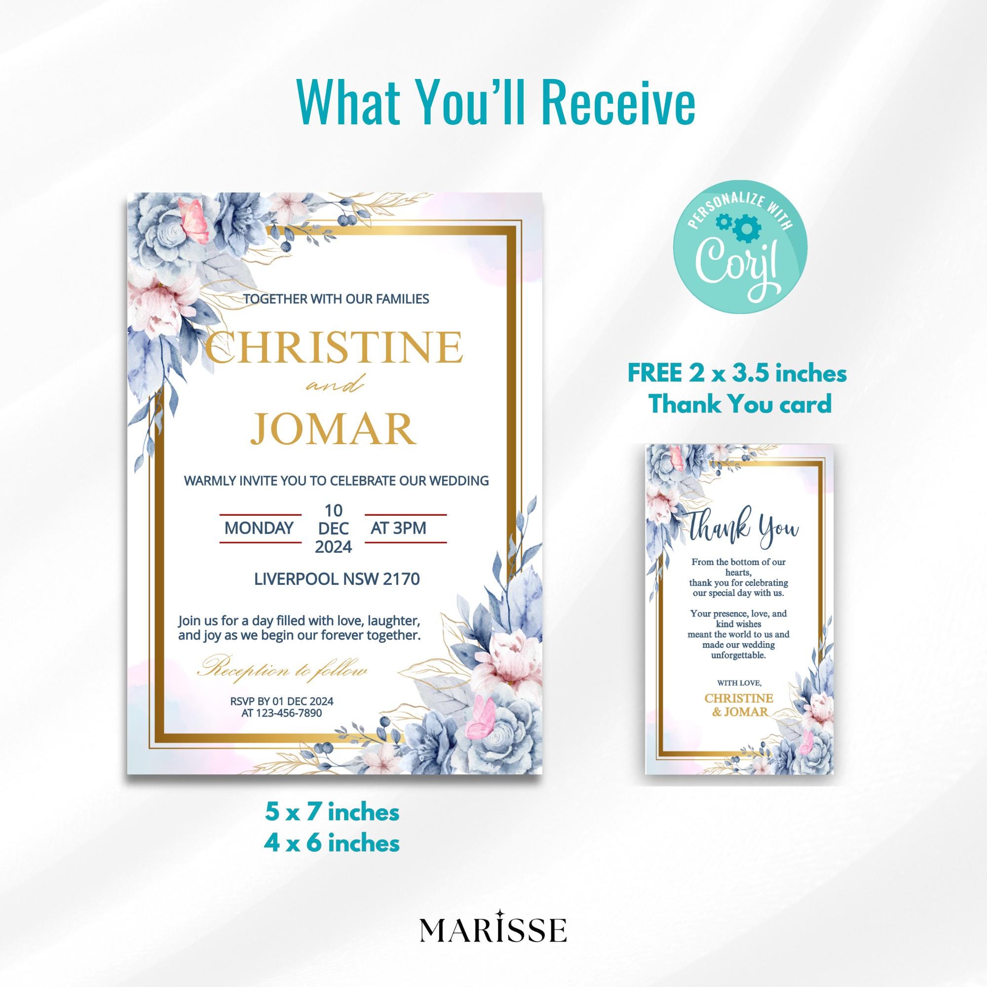 Editable Elegant Floral Invitation Template Blue Flower Design For Wedding Digital Product Printable Invite Card Instant Download | CJ001