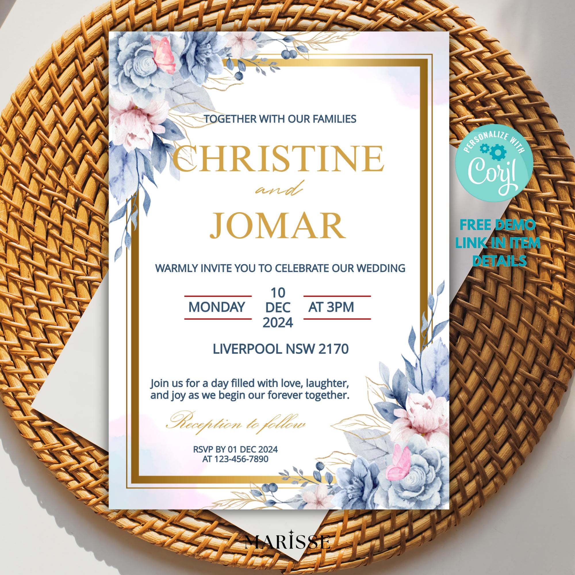 Editable Elegant Floral Invitation Template Blue Flower Design For Wedding Digital Product Printable Invite Card Instant Download | CJ001