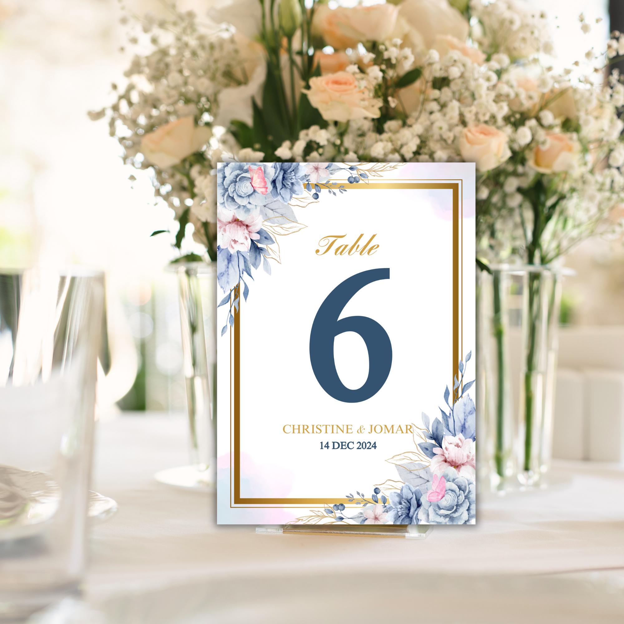 Editable Blue Floral Wedding Table Number Template, Elegant Table Sign, Printable Table Numbers, Digital Wedding Decor | CJ001
