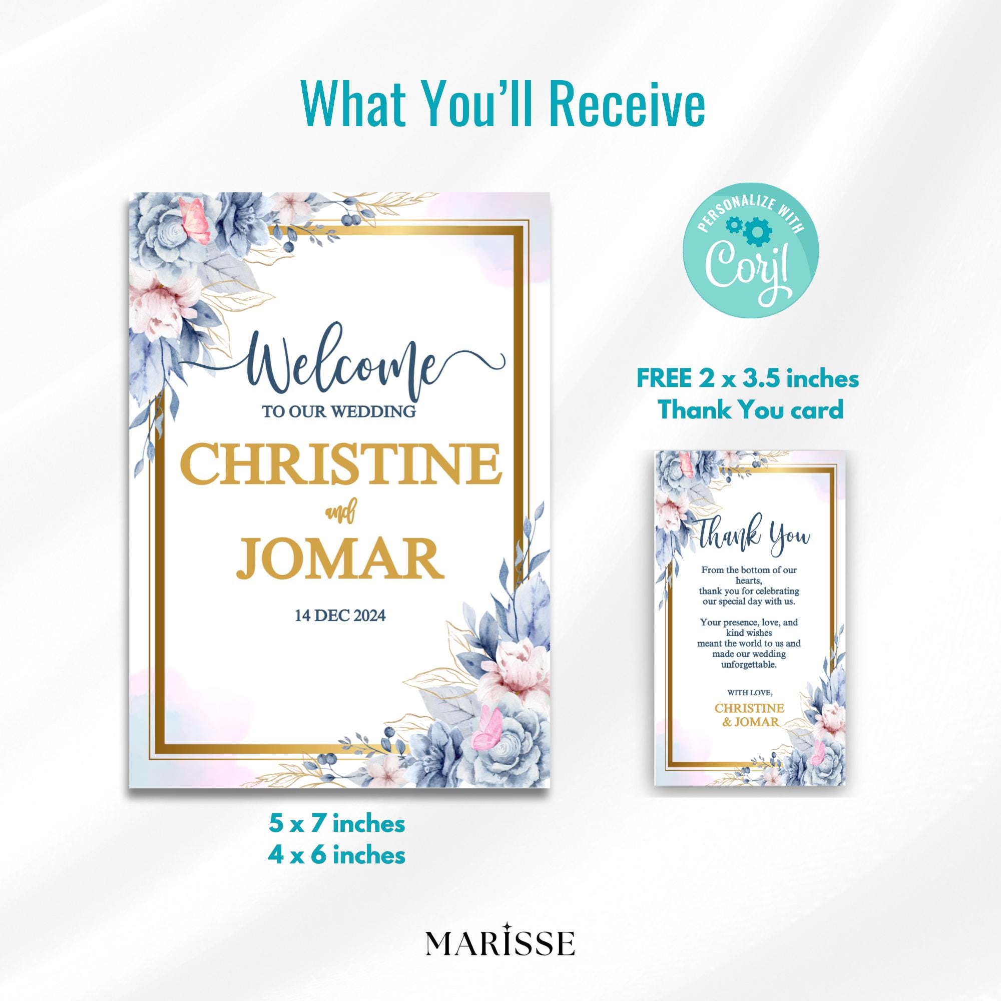Editable Blue Floral Wedding Welcome Sign, Elegant Wedding Signage Template, Printable Digital Welcome Board, Editable Wedding Decor | CJ001