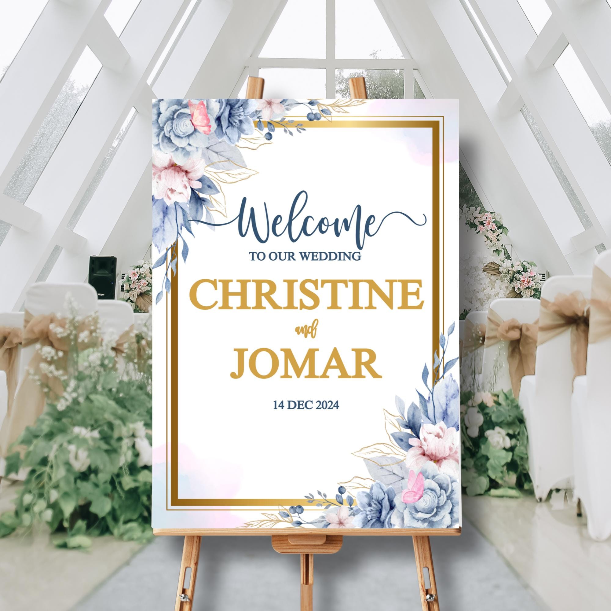 Editable Blue Floral Wedding Welcome Sign, Elegant Wedding Signage Template, Printable Digital Welcome Board, Editable Wedding Decor | CJ001